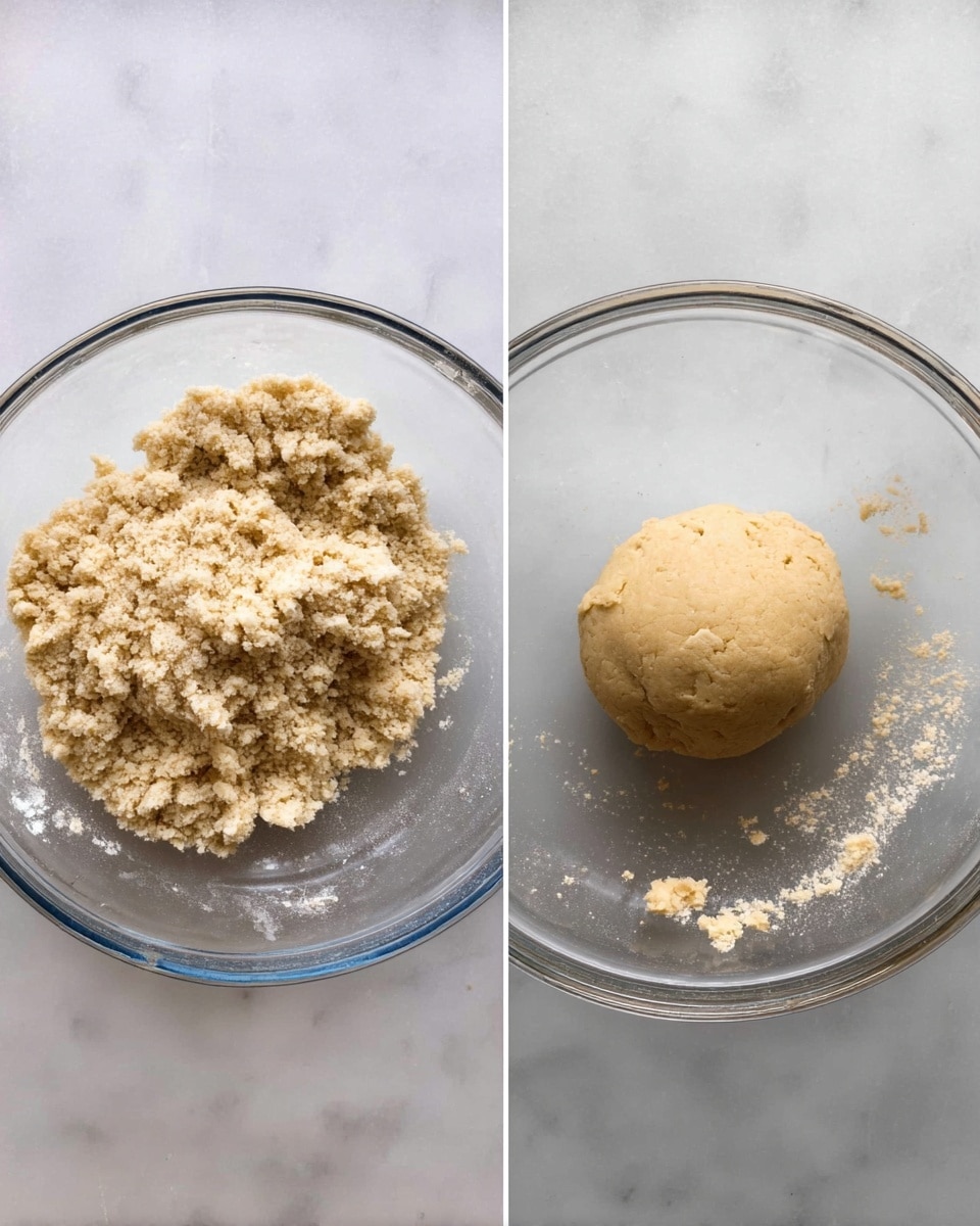 Two side-by-side images show stages of dough preparation in clear glass bowls on a white marbled surface. The left image has a crumbly mix with light beige and off-white small clumps spread unevenly in the bowl. The right image shows a smooth, round ball of dough with a pale tan color sitting neatly in the center of the bowl, with a few crumbs around it. photo taken with an iphone --ar 4:5 --v 7