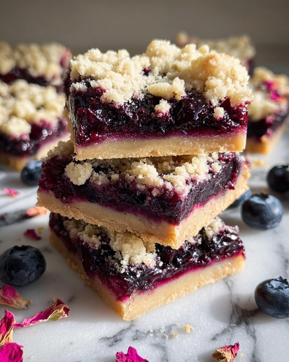 The image shows three square blueberry crumb bars stacked on top of each other on a white marbled surface. Each bar has three layers: the bottom layer is a light golden, firm crust; the middle layer is thick, dark purple blueberry filling with a juicy, slightly shiny texture; the top layer is crumbly, pale beige streusel with small, uneven pieces. Around the bars are scattered fresh blueberries and some pink dried flower petals, adding color contrast. The bars have some blueberry juice stains on the white surface nearby, giving a fresh and natural look. photo taken with an iphone --ar 4:5 --v 7