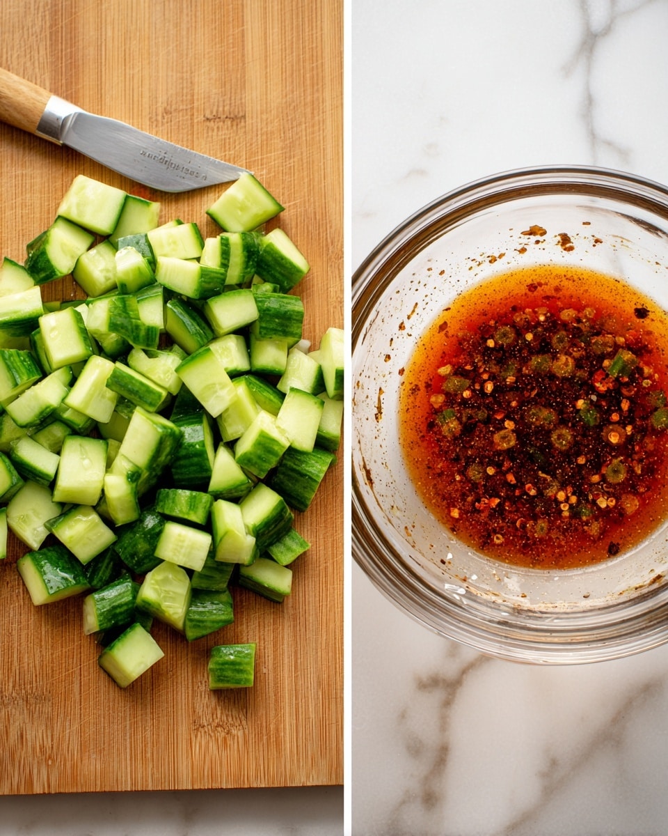 The image shows two parts side by side on a white marbled surface. On the left, there is a wooden cutting board with many small pieces of chopped cucumber, bright green on the outside and pale green inside, scattered across its surface. Next to the chopped cucumbers is a silver knife with a light brown handle resting on the board. On the right, there is a clear glass bowl filled with a reddish-brown liquid dressing that has small dark bits floating in it, likely spices or herbs, and some splashes stick to the sides of the bowl. photo taken with an iphone --ar 4:5 --v 7