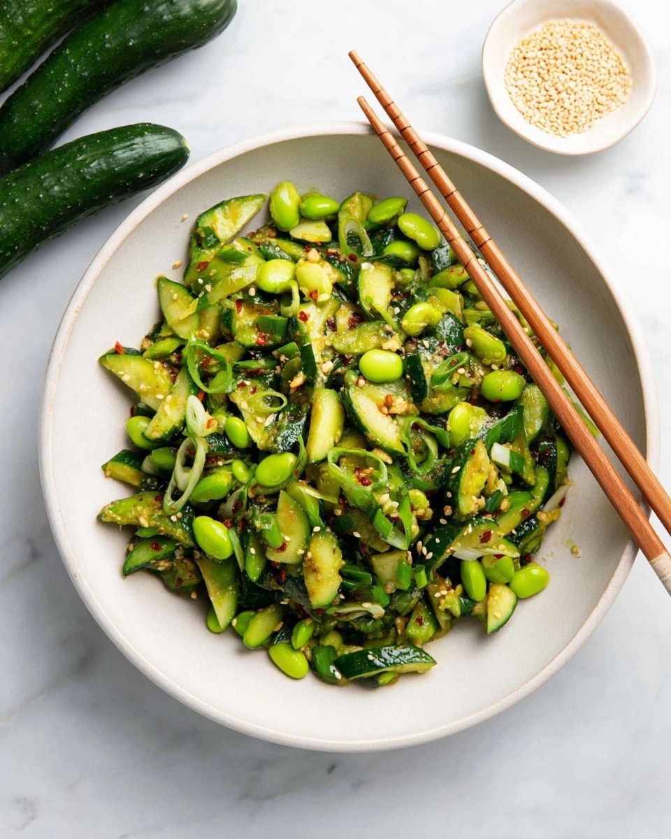 A white bowl filled with a fresh salad made of bright green edamame beans and chopped cucumber pieces with dark green skin and lighter green inside, all mixed with thin slices of green onion. The salad is sprinkled with small white sesame seeds and red chili flakes, giving spots of white and red over the green vegetables. The mixed ingredients have a slight glossy texture, showing a light sauce coating. A pair of light brown wooden chopsticks rests on the right side of the bowl. The bowl is placed on a white marbled surface with two whole cucumbers and a small white bowl of sesame seeds visible in the background. photo taken with an iphone --ar 4:5 --v 7