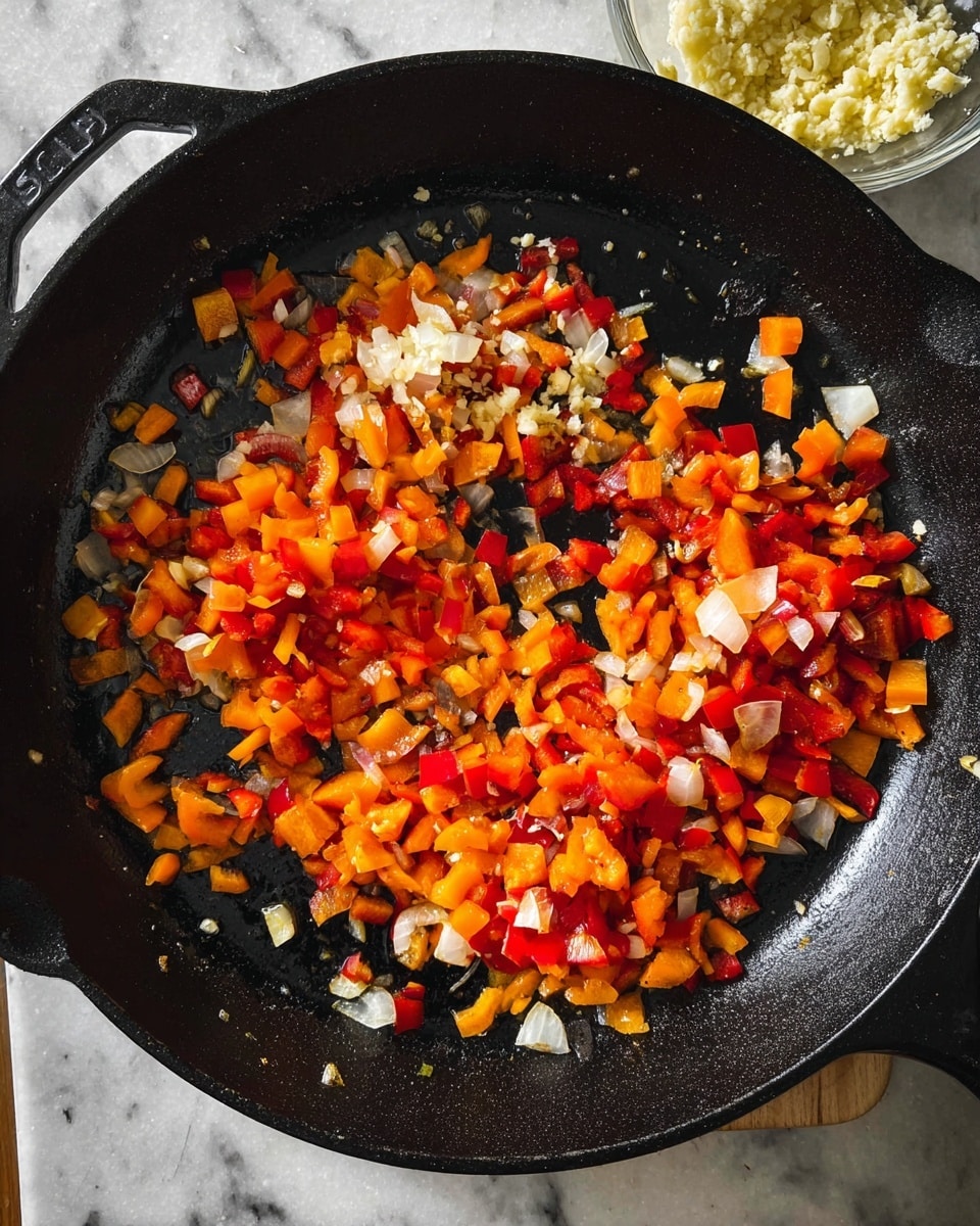 A close-up of a black cast iron pan with cooked diced vegetables inside, including red and orange bell peppers and small pieces of white onion, all scattered mostly around the edges of the pan, leaving a clear dark center. Below the pan, there is a small clear glass bowl filled with minced garlic. The whole scene is set on a white marbled surface. photo taken with an iphone --ar 4:5 --v 7
