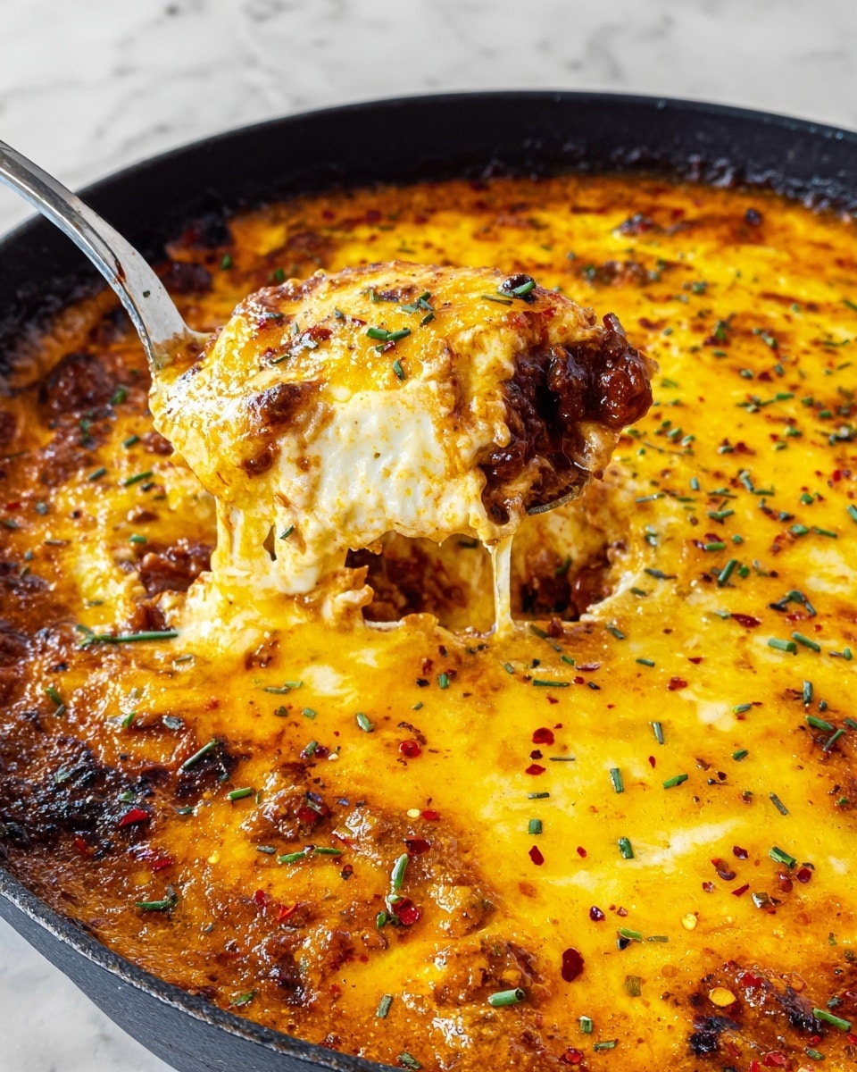 A round black pan holds layers of a cheesy dish with a golden yellow melted cheese top layer speckled with small green chive pieces and red pepper flakes. Beneath this layer are visible parts of a rich, thick tomato sauce with chunks of tomato and possibly meat in dark red shades. The cheese layer looks creamy with slight bubbling and browning spots. A silver spoon is lifting a portion of the dish showing its thick, layered texture with cheese stretching and sauce underneath. The scene is set on a white marbled surface. photo taken with an iphone --ar 4:5 --v 7