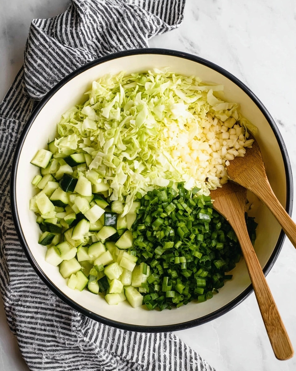 A white bowl with a black rim sits on a white marbled surface with a black and white striped cloth around it. Inside the bowl are four layers of chopped vegetables arranged separately: at the bottom is light yellow shredded cabbage, next to it on the right are small pieces of pale yellow garlic, above the garlic are darker green chopped scallions, and on the left side are chopped cucumber pieces that are light green with dark green skin. Two wooden spoons rest inside the bowl on opposite sides, partially submerged in the vegetables. Photo taken with an iphone --ar 4:5 --v 7