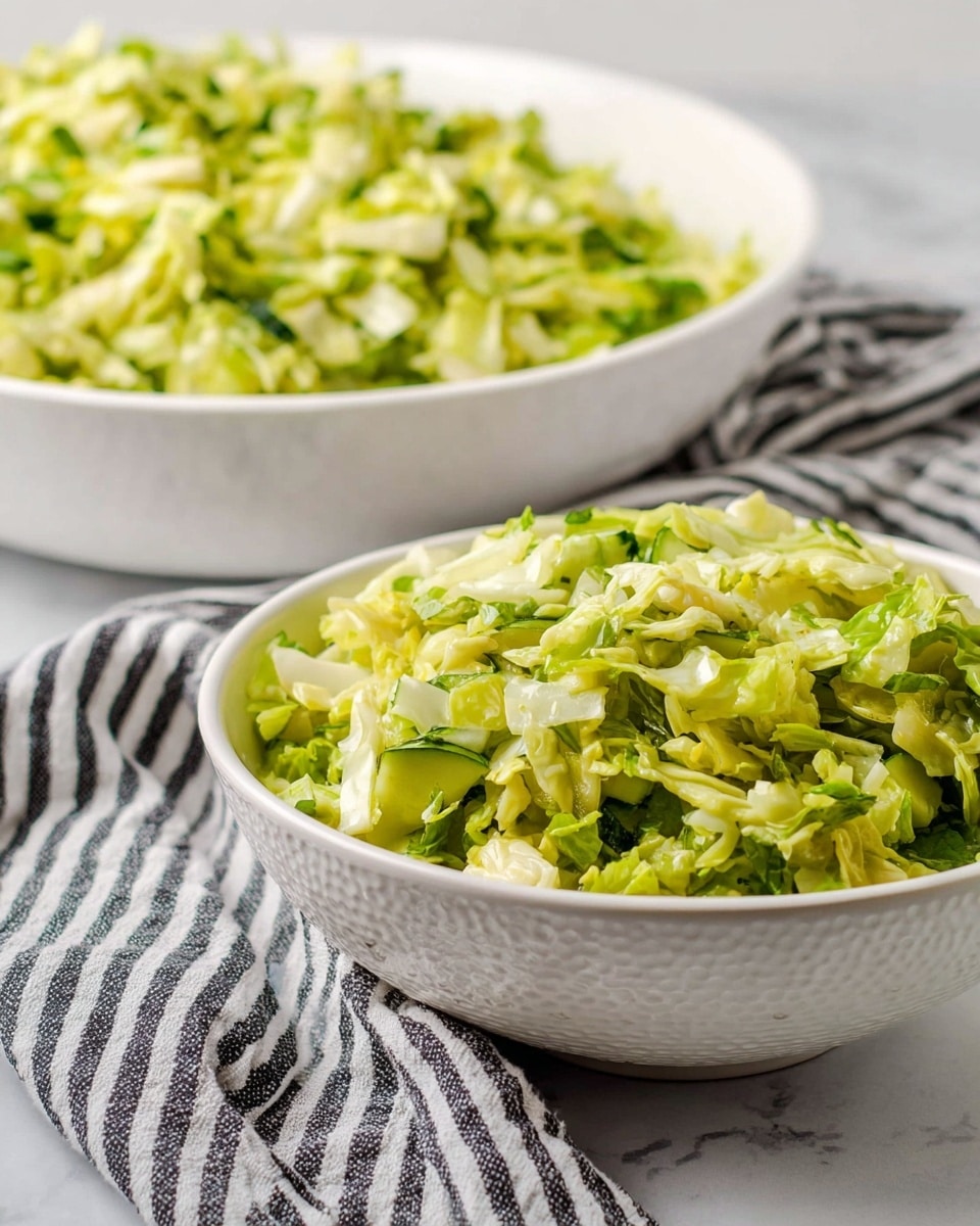 Two white bowls filled with chopped green salad sit on a white marbled surface. The salad has many layers of light green and yellow chopped cabbage mixed with darker green pieces like cucumber. The close bowl shows clear details of the small pieces, while the bowl in the background is larger and more blurred. A striped black and white cloth is stretched between the two bowls. The scene is bright and natural, showing fresh and chopped vegetables in textured white bowls. Photo taken with an iphone --ar 4:5 --v 7