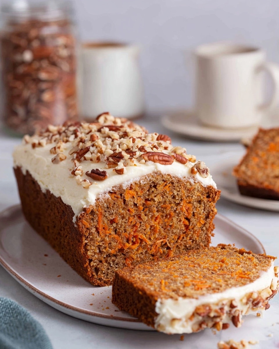 A loaf cake with one thick slice cut from the front, placed leaning on the side. The cake has a rough, moist texture with visible small orange carrot bits inside. The top is covered with a thick, creamy white layer of frosting, scattered with chopped pecans. The cake sits on a white plate, placed on a white marbled surface. In the background, blurry white cups and a jar of pecans add soft, warm tones. Photo taken with an iphone --ar 4:5 --v 7