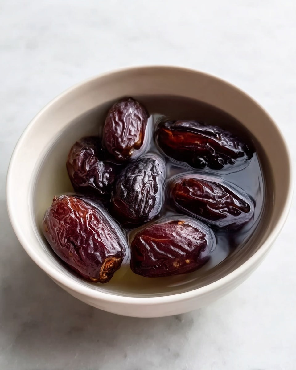 A white bowl filled with several dark brown dates soaking in clear water. The dates have a shiny, slightly wrinkled texture and are partially submerged, showing soft and wrinkled surfaces reflecting light. The bowl sits on a white marbled surface, giving a clean and fresh look to the image. photo taken with an iphone --ar 4:5 --v 7