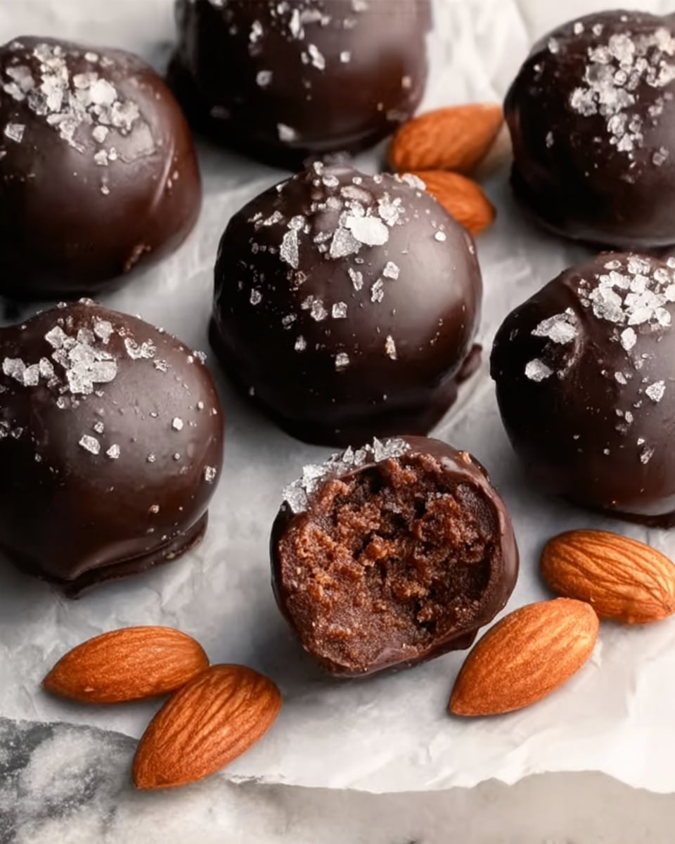 The image shows several round chocolate truffles, each coated with smooth, shiny dark chocolate. The truffles have a sprinkle of coarse sea salt on top, adding a bit of texture and contrast. One truffle in the front is bitten, revealing a dense, rich, dark brown inside with a textured appearance. Scattered around the truffles are whole almonds with a smooth, woody brown color. The truffles and almonds rest on white parchment paper, all placed on a surface with a white marbled texture. Photo taken with an iphone --ar 4:5 --v 7