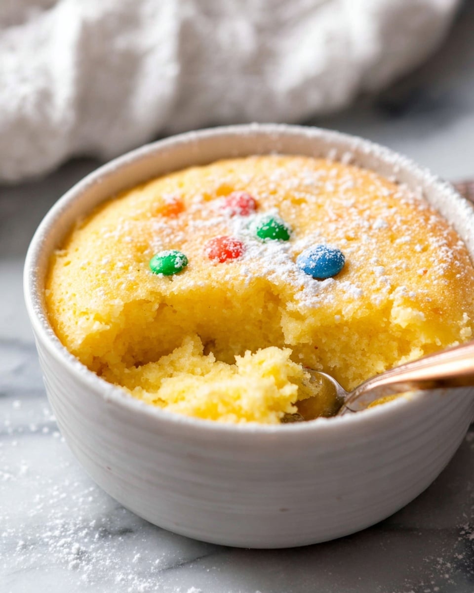 A small white bowl filled with a soft, yellow sponge cake that has a light, airy texture. The cake has a few colorful candy pieces scattered on top, along with a light dusting of fine white powdered sugar. A spoon with a wooden handle is partially dug into the cake on the right side, showing a scoop taken out. The bowl sits on a white marbled surface with a blurred white cloth in the background. Photo taken with an iphone --ar 4:5 --v 7