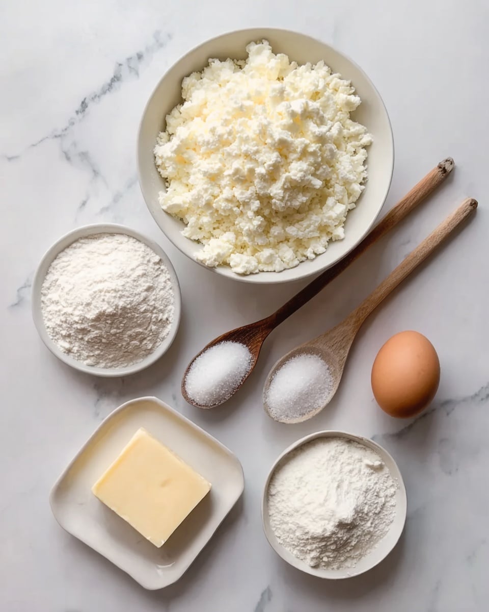 The image shows seven cooking ingredients placed on a white marbled surface. At the center top is a white bowl filled with soft, crumbly white cheese. Below and slightly to the left, there is a small wooden spoon filled with white powdered sugar. Next to it, a larger wooden spoon contains flour. Below them, a small white dish has granulated white sugar on the left, and to the right a bit of white baking powder sits on a small white plate. Below them at the bottom is a brown egg beside a small square white dish holding a light yellow butter piece. Everything is arranged neatly with clear textures and colors visible. Photo taken with an iphone --ar 4:5 --v 7