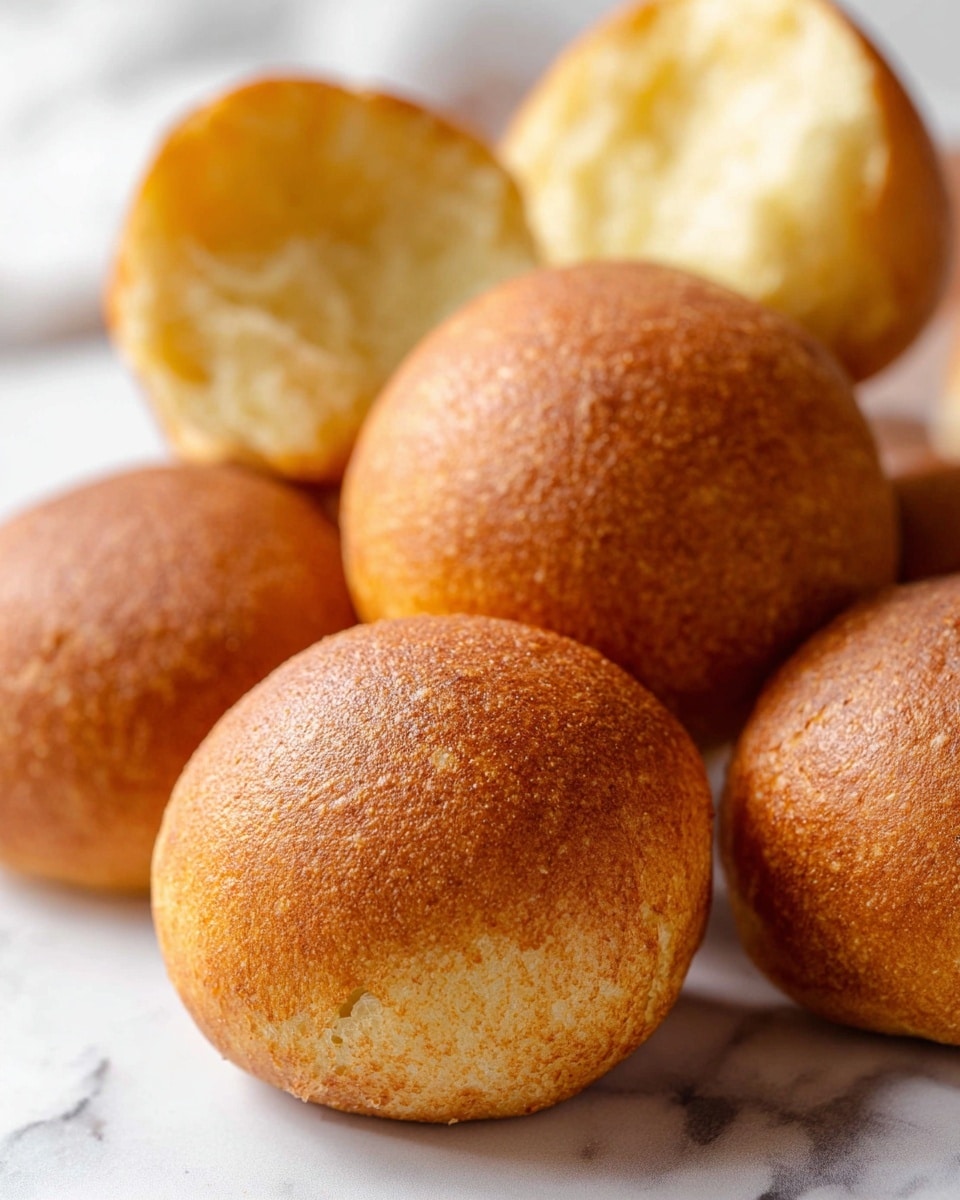A close-up of several round, brown, baked bread rolls with a smooth, slightly textured surface is shown. In the background, one roll is open, revealing a soft, light yellow inside with a fluffy texture. The rolls are placed on a white marbled surface with soft lighting that highlights their warm golden-brown color. The focus is sharp on the front rolls and softens towards the back, creating a cozy and fresh look. photo taken with an iphone --ar 4:5 --v 7