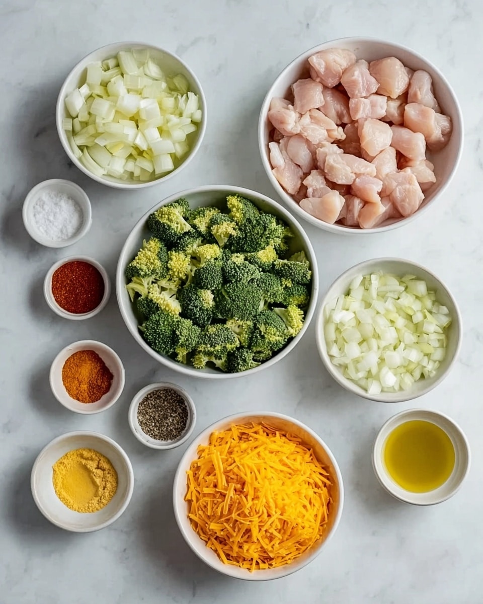 The image shows several white bowls with different ingredients placed on a white marbled surface. In the top right, there is a bowl filled with small pieces of raw pale pink chicken. Below it, a bowl is filled with chopped bright green broccoli. Next to the broccoli, there is a bowl full of shredded orange cheddar cheese. Above the cheese, a bowl contains chopped white onions. To the left of the onions, there are small bowls with various spices and ingredients: one with yellow minced garlic, one with dark ground black pepper, one with bright reddish-brown paprika, and one with white salt. There are also two small bowls with different light yellow to golden oils arranged around the ingredients. All bowls are neatly organized in a clean layout. Photo taken with an iphone --ar 4:5 --v 7