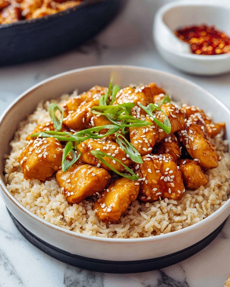 The dish shows a white bowl filled with two main layers: a base of fluffy light brown rice with a slightly soft texture, topped with shiny golden-brown cooked chicken pieces that have a smooth, glazed surface. The chicken pieces are sprinkled with white sesame seeds and garnished with thin slices of bright green spring onions, adding a fresh pop of color. The bowl sits on a white marbled surface with a small white bowl of red chili flakes visible in the background. photo taken with an iphone --ar 4:5 --v 7