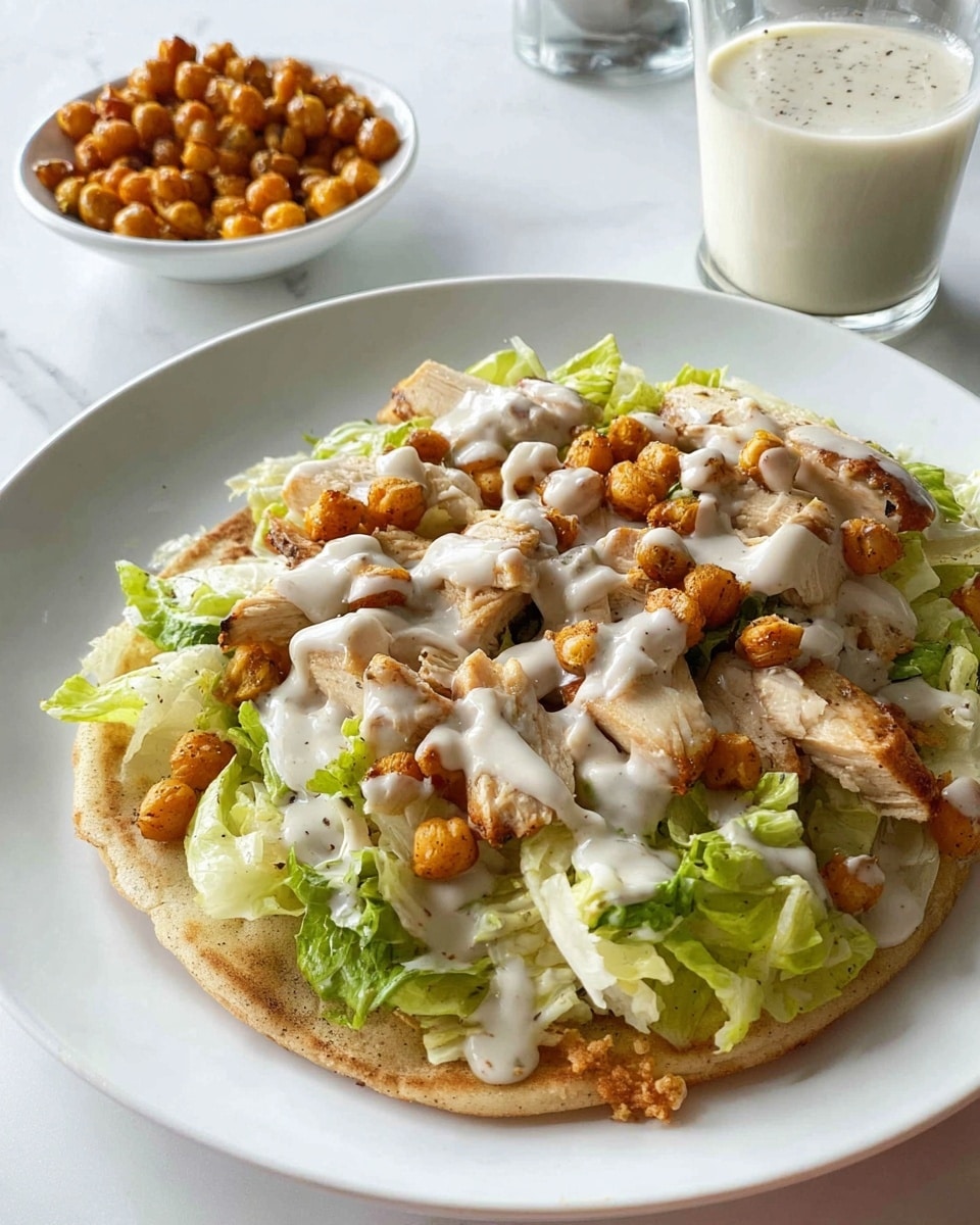 A white plate on a white marbled surface holds a dish with three visible layers: the base layer is a round, light brown flatbread with a slightly crispy edge; the middle layer is a mix of bright green lettuce leaves and golden crispy chickpeas scattered evenly; the top layer is made of unevenly sliced pieces of light tan chicken and a thick drizzle of creamy white sauce with specks of black pepper poured across the whole dish. In the background, there is a small white bowl filled with more golden crispy chickpeas and a glass container with extra creamy white sauce. photo taken with an iphone --ar 4:5 --v 7