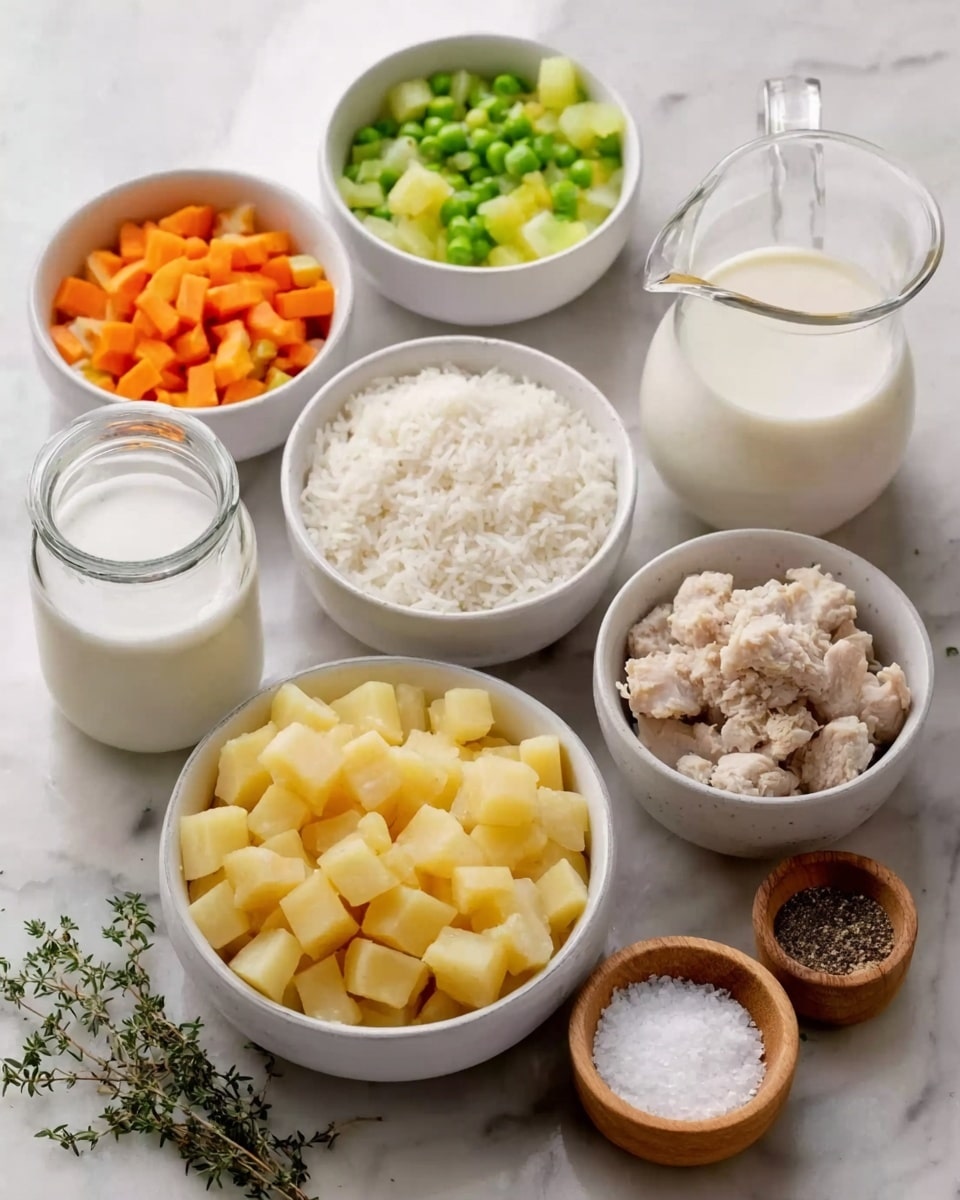 The image shows seven white bowls and a small glass jar on a white marbled surface. There are diced yellow potatoes in one bowl in the center, with chopped orange carrots and green celery in another white bowl behind it. To the right is a white bowl filled with cooked white rice. In front of the potatoes is a white bowl with small chunks of light-colored chicken. Next to this is a white bowl full of white flour. A small glass jar with a light liquid is on the left. To the right, a clear glass pitcher filled with white milk sits near two small wooden bowls, one with coarse salt and the other with black pepper. A few small sprigs of green thyme lay on the bottom left corner. photo taken with an iphone --ar 4:5 --v 7