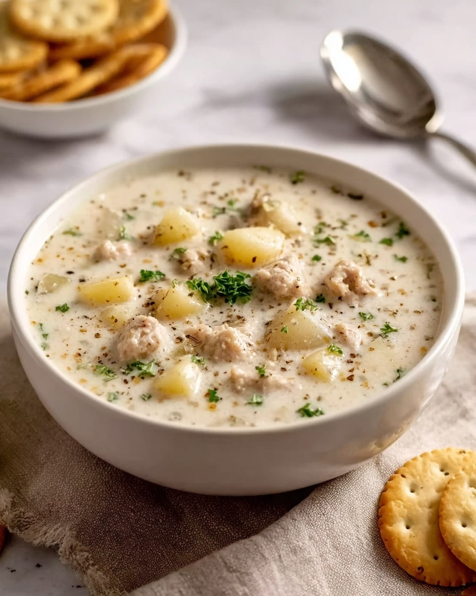 A white bowl filled with creamy soup sits on a white marbled surface, containing small chunks of light beige meat mixed with diced pale yellow potatoes, all coated in a thick white broth flecked with black pepper and small bits of green herbs scattered on top. Around the bowl, there are golden round crackers, a clear spoon with a shiny metal bowl resting on a beige cloth, and more crackers in a smaller white bowl slightly out of focus in the background. Photo taken with an iphone --ar 4:5 --v 7