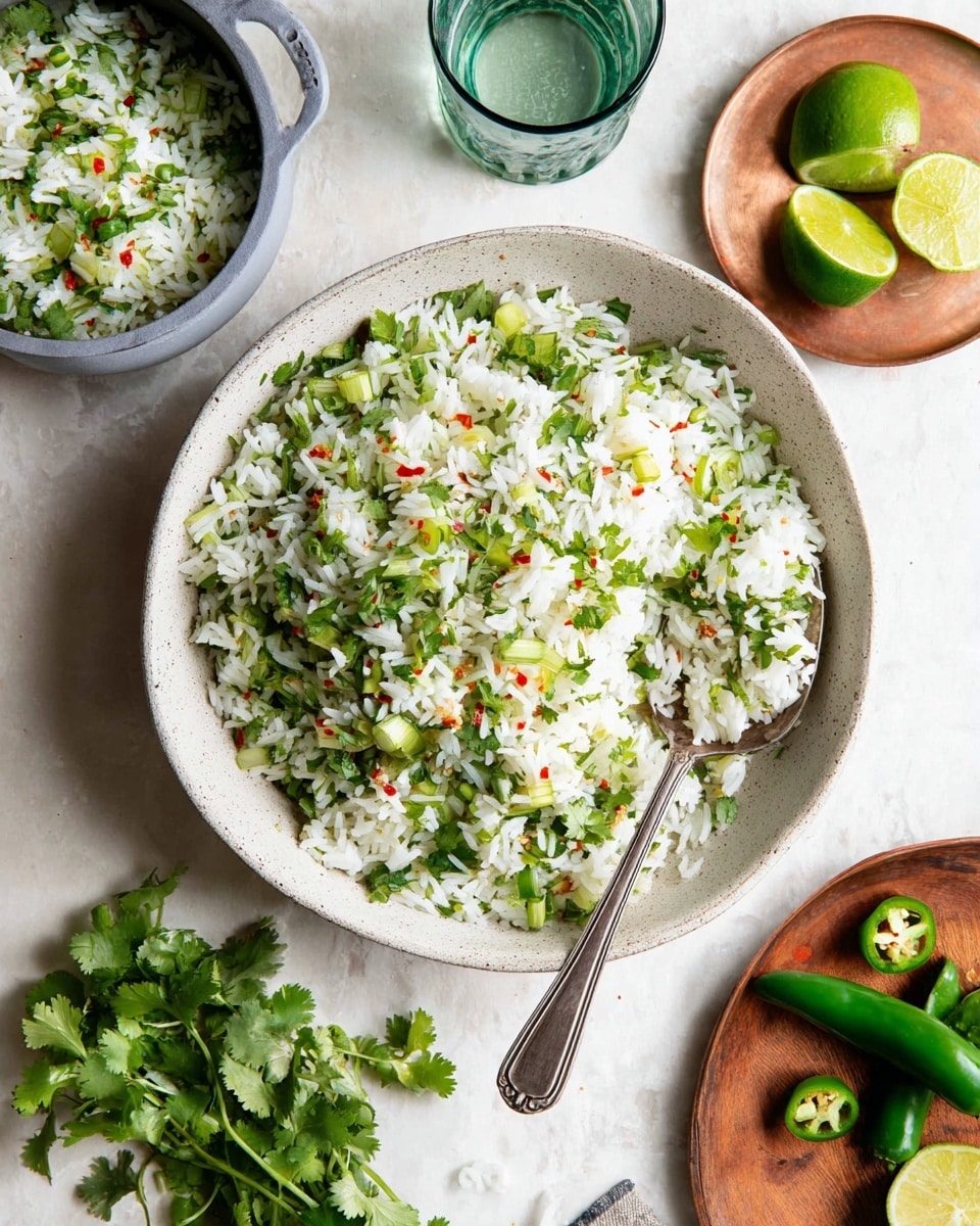 A large white speckled bowl filled with a layered dish of white rice mixed with chopped green herbs like cilantro and green onion, along with small red chili flakes sprinkled throughout. A vintage silver spoon rests inside the bowl on the right side, partially lifting some rice. Surrounding the bowl on a white marbled textured surface are fresh green jalapeno, lime halves on a small round copper plate, a brown wooden dish with green cilantro leaves, a green-tinted clear glass of water, and a small grey pot also filled with the same green herb rice. The whole scene is bright with natural light. Photo taken with an iphone --ar 4:5 --v 7