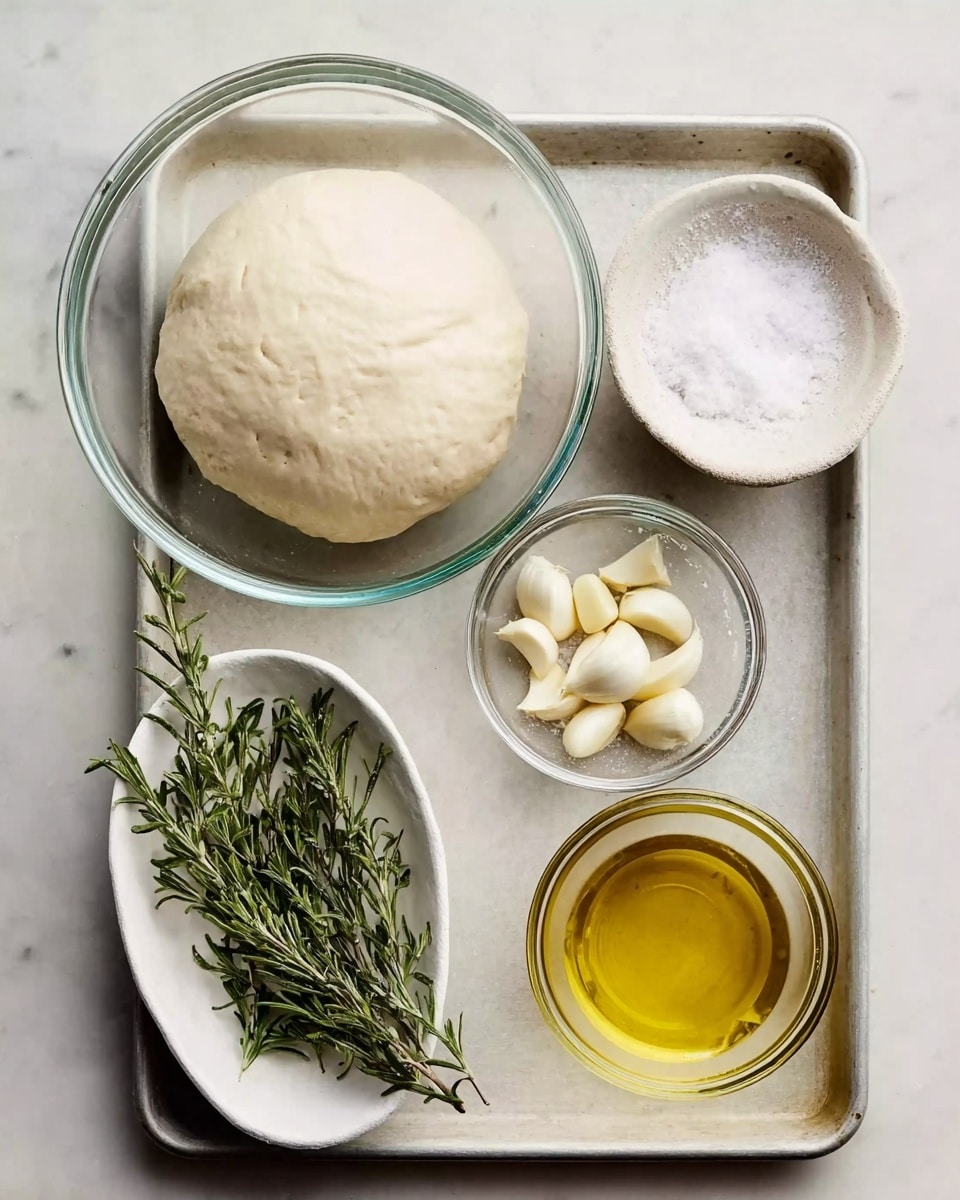 The image shows a metal tray with four glass and white bowls on a white marbled surface. In the top left corner, there is a large glass bowl with pale, smooth dough filling most of the bowl. To the right, a small glass bowl contains white granulated salt. In the bottom center, a small glass bowl holds several peeled garlic cloves. To the bottom right, a white bowl is filled with golden yellow olive oil. At the bottom left, a white oval dish holds fresh bright green rosemary sprigs. The photo taken with an iphone --ar 4:5 --v 7