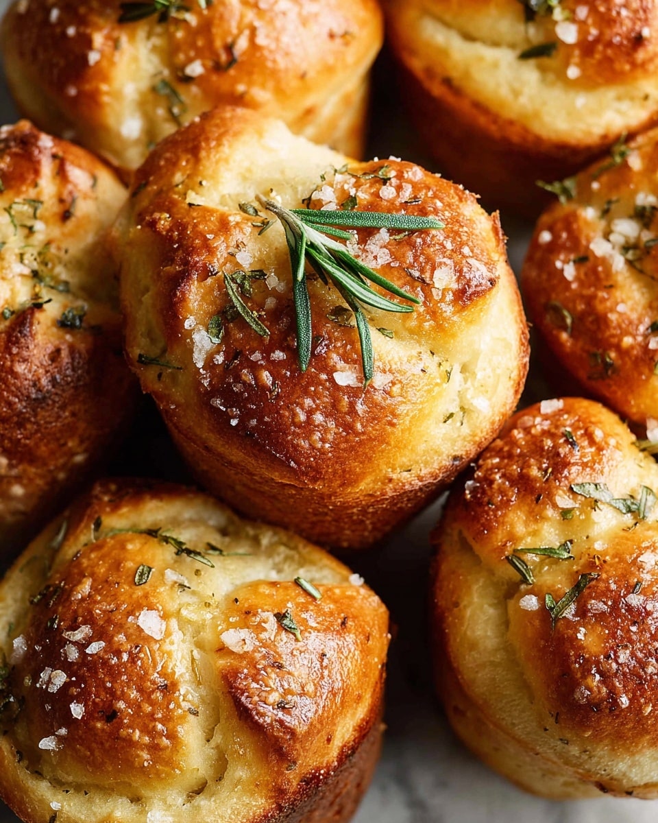 The image shows multiple golden-brown rolls with a crusty bottom layer that is darker in color, topped with a lighter, soft textured top layer. The top layer is sprinkled with coarse salt crystals and bits of green herbs. One roll at the center has a small green rosemary sprig on top, adding contrast to the warm colors. The rolls appear fluffy with some cracks and crevices on the surface, emphasizing their texture. The rolls are placed closely together on a white marbled textured surface. photo taken with an iphone --ar 4:5 --v 7