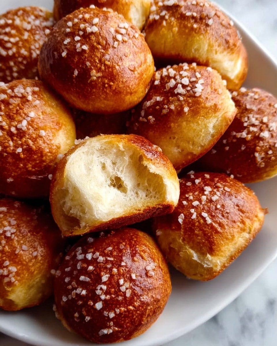 A white plate full of small, round pretzel rolls with a golden-brown crust topped with coarse salt, showing some soft, light inside of one roll that is torn open. The rolls have a shiny, slightly smooth surface with a few cracks, placed close together on a white marbled surface. photo taken with an iphone --ar 4:5 --v 7