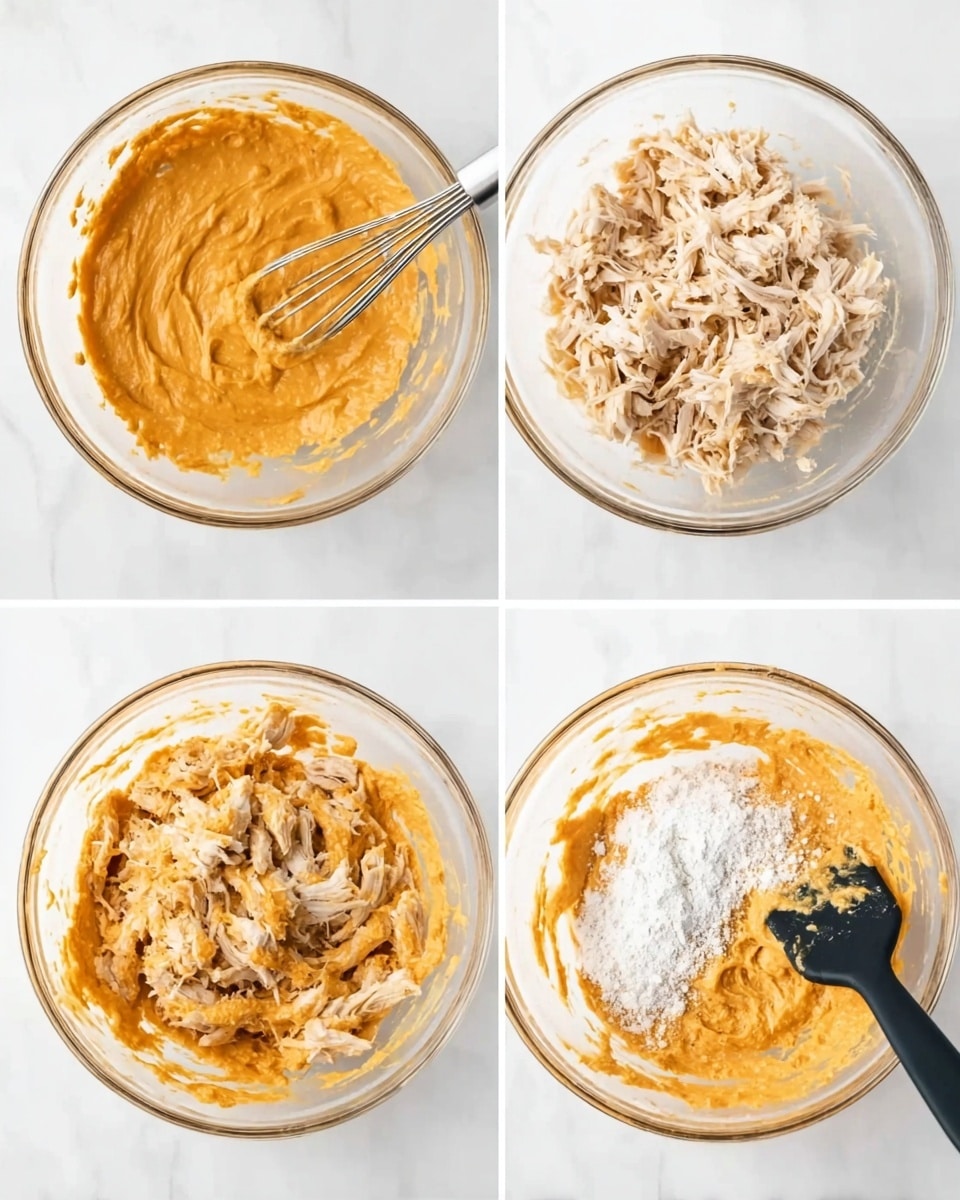 The image shows four stages of mixing ingredients in a clear glass bowl on a white marbled surface. The first layer is a smooth, creamy orange mixture with a silver whisk resting on the side of the bowl. The second layer adds shredded light beige chicken on top of the orange base. The third layer shows the shredded chicken being mixed with the orange mixture using a black spatula, blending the colors and textures. The last layer has the same mixed orange and chicken blend with a white powdery ingredient added on one side, still being stirred by the black spatula. Photo taken with an iphone --ar 4:5 --v 7