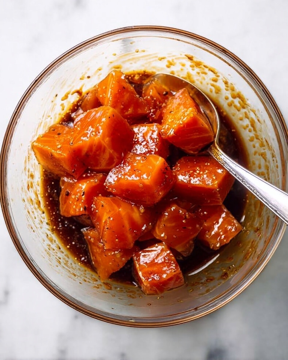 A clear glass bowl filled with around twelve thick, shiny cubes of raw orange salmon pieces in a dark brown sauce, some sauce splattered on the sides of the bowl, with a metal spoon partly visible inside. The bowl is placed on a white marbled surface. photo taken with an iphone --ar 4:5 --v 7