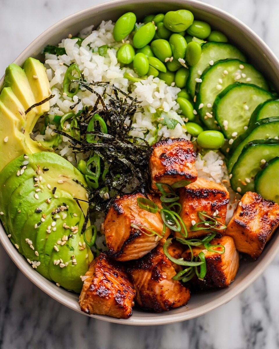 A white bowl filled with four main layers arranged side by side: on the right, bright green edamame beans; next to it, light green cucumber slices sprinkled with white sesame seeds; in the center, white rice mixed with small green chive pieces and black seaweed bits; on the left, a row of thin avocado slices topped with black sesame seeds, and on top of the rice and avocado, grilled golden brown salmon chunks with charred edges, garnished with green sliced scallions. The bowl sits on a white marbled texture. Photo taken with an iphone --ar 4:5 --v 7