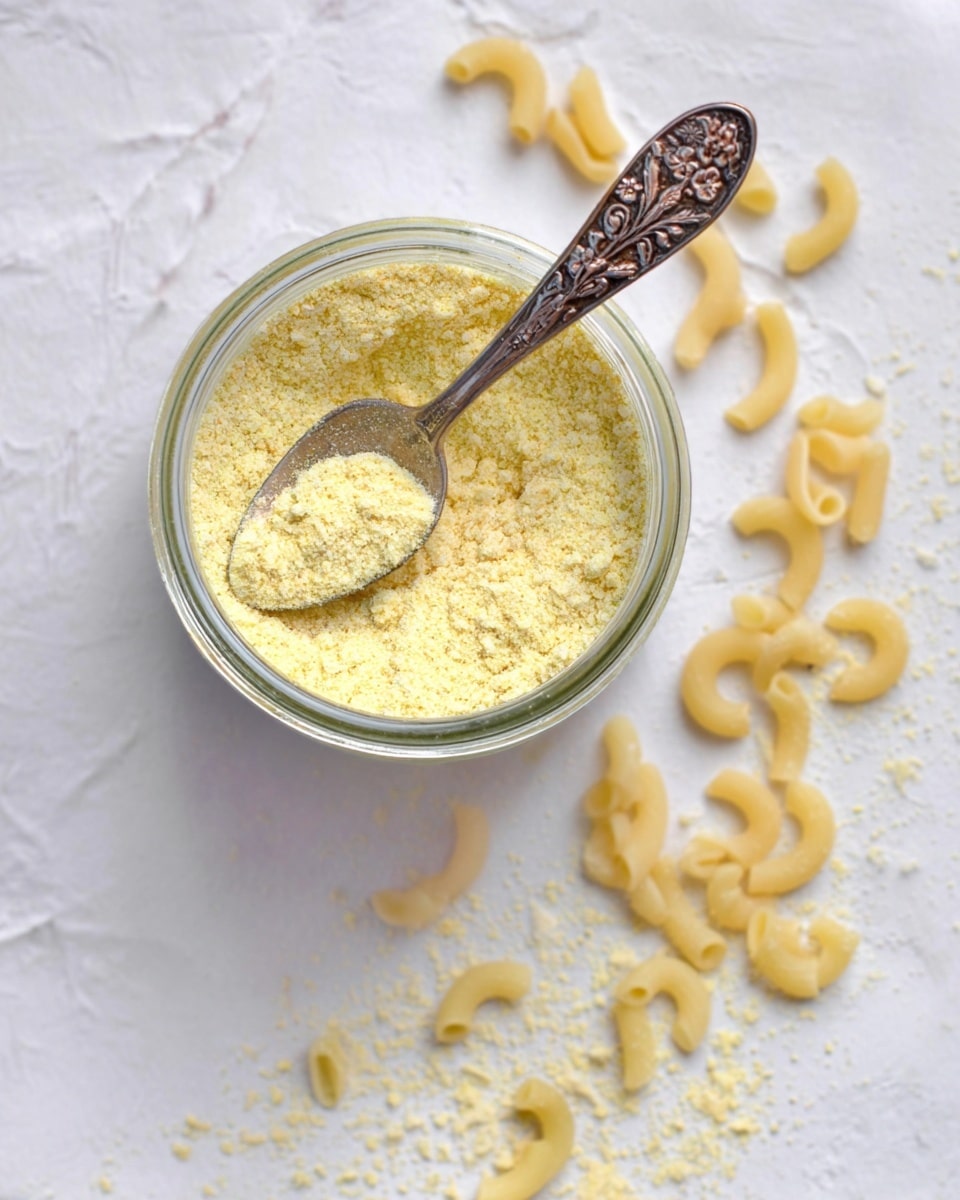 A small clear glass jar filled with a yellow powdery substance with a textured surface and some small lumps. A metal spoon with a floral pattern handle rests inside the jar, its bowl scooping some of the powder. Around the jar are small pieces of uncooked elbow macaroni scattered on a white marbled textured surface. Photo taken with an iphone --ar 4:5 --v 7