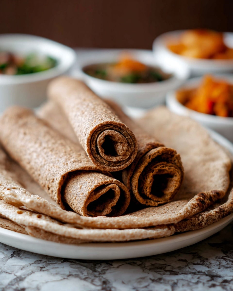 The image shows a close-up of a stack of three rolled brown flatbreads layered on a white plate, with visible soft and porous texture. The top two flatbreads are rolled tightly and stacked one on top of the other, showing layers inside. Surrounding these are several more flatbreads, spread out on the plate, with one lighter colored flatbread visible among the brown ones. In the background, there are small white bowls containing different colorful side dishes, including a dish with greens and another with a red-orange sauce. The surface under the plate is a white marbled texture. Photo taken with an iphone --ar 4:5 --v 7