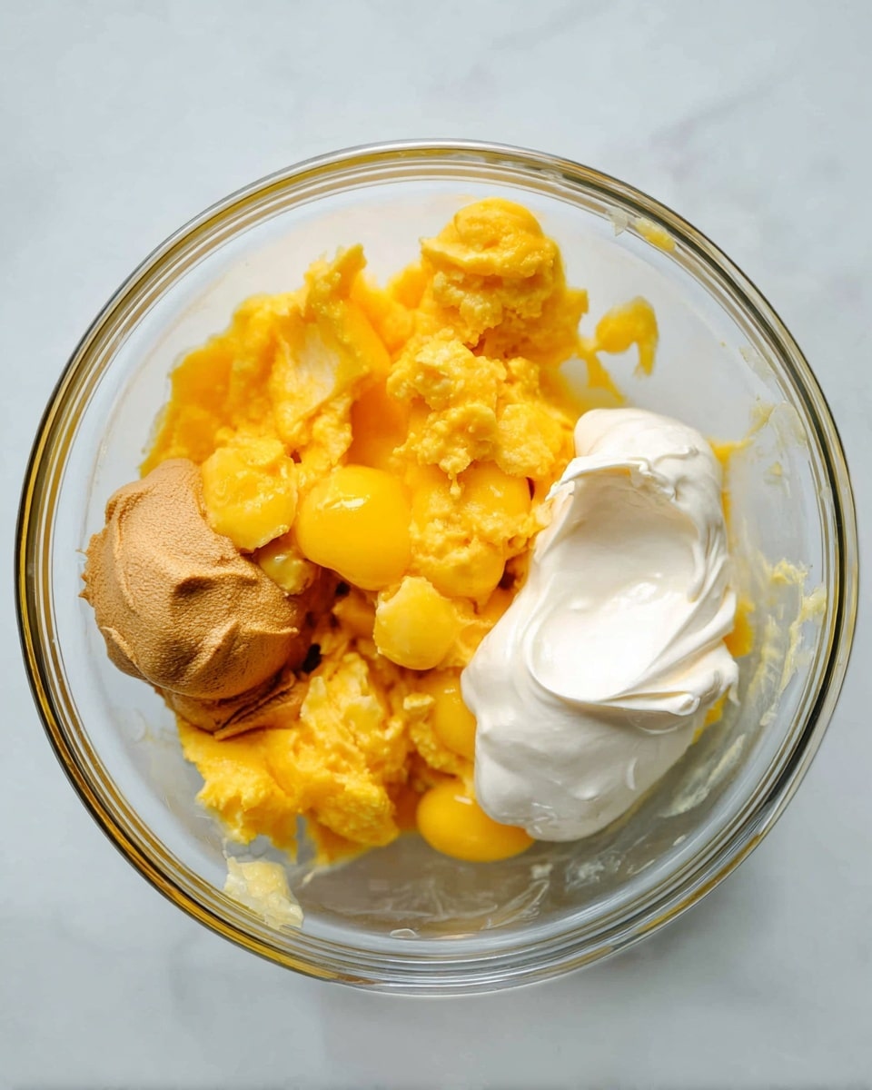 A clear glass bowl holds three main layers inside: bright yellow chopped egg yolks spread in the center, a dollop of smooth, white mayonnaise on the left, and a smaller scoop of light brown mustard next to the mayonnaise; all ingredients rest on a clean white marbled surface. photo taken with an iphone --ar 4:5 --v 7