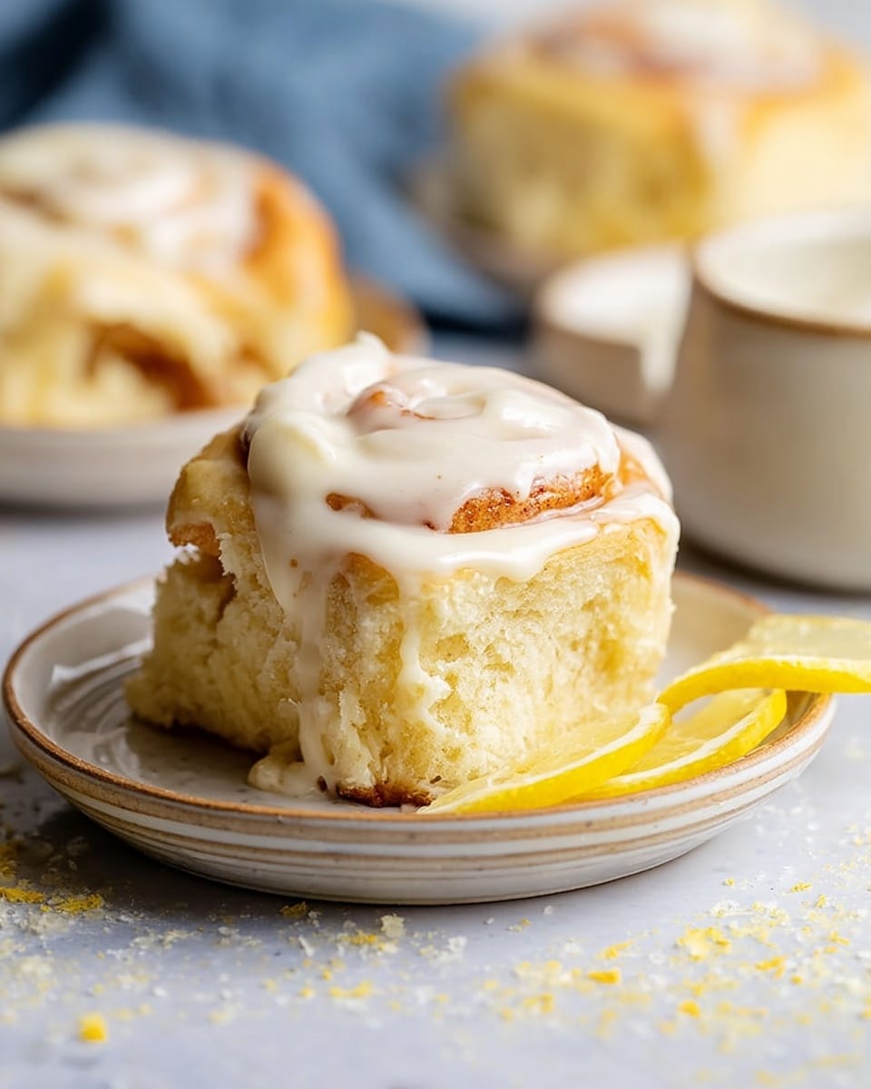 A close-up of a soft, fluffy cinnamon roll with three visible layers: a light golden-brown dough base, a middle layer showing soft airy texture with some holes, and a creamy white icing dripping slightly over the top and sides. The cinnamon roll sits on a small round white plate with noodle-like edges. The plate is placed on a white marbled textured surface sprinkled with small crumbs, next to two thin lemon slices that add a bright yellow contrast. In the blurred background, similar cinnamon rolls on white plates are visible. Photo taken with an iphone --ar 4:5 --v 7