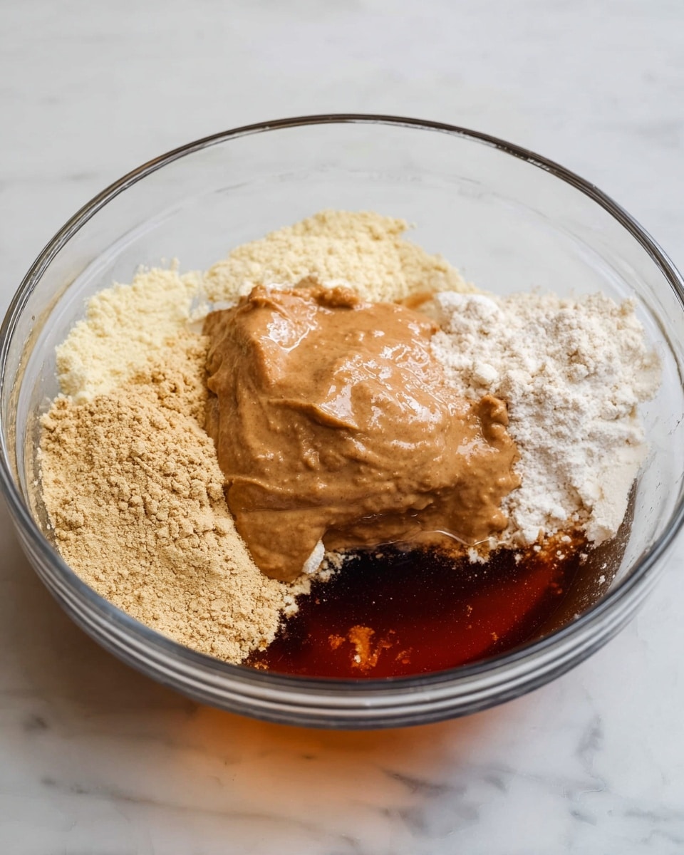 A clear glass bowl sits on a white marbled surface, holding several ingredients before mixing. At the bottom right, there is a dark amber liquid with a slightly shiny texture. On top of the liquid, in the lower center, is a light beige, powdery layer. To its left, a much finer pale yellow powder rests, while to the upper right, there is a lighter, crumbly white powder. Centered over these powders is a thick, light brown creamy layer with a smooth texture, slightly reflecting light. The layers are separate but close together, ready to be combined. Photo taken with an iphone --ar 4:5 --v 7