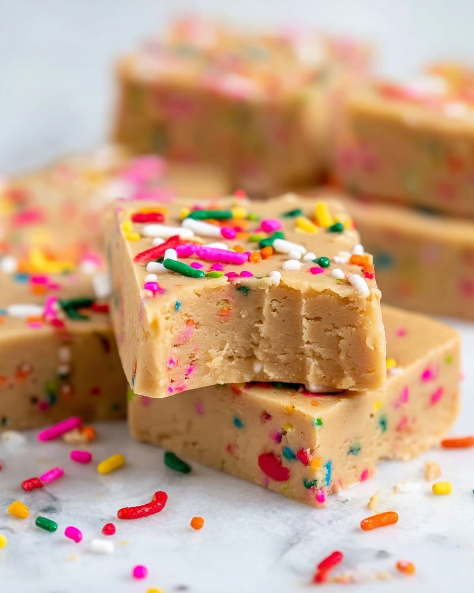 The image shows a close-up of several pieces of thick, light tan fudge with colorful sprinkles mixed inside and scattered on top. One piece in the front has a smooth texture and a bite taken from one corner, showing the dense, soft inside with sprinkles embedded throughout. More similar squares are stacked slightly out of focus in the background on a white marbled surface. Bright, round, and thin sprinkles in red, green, yellow, pink, orange, and white add vibrant color contrast to the creamy fudge. photo taken with an iphone --ar 4:5 --v 7