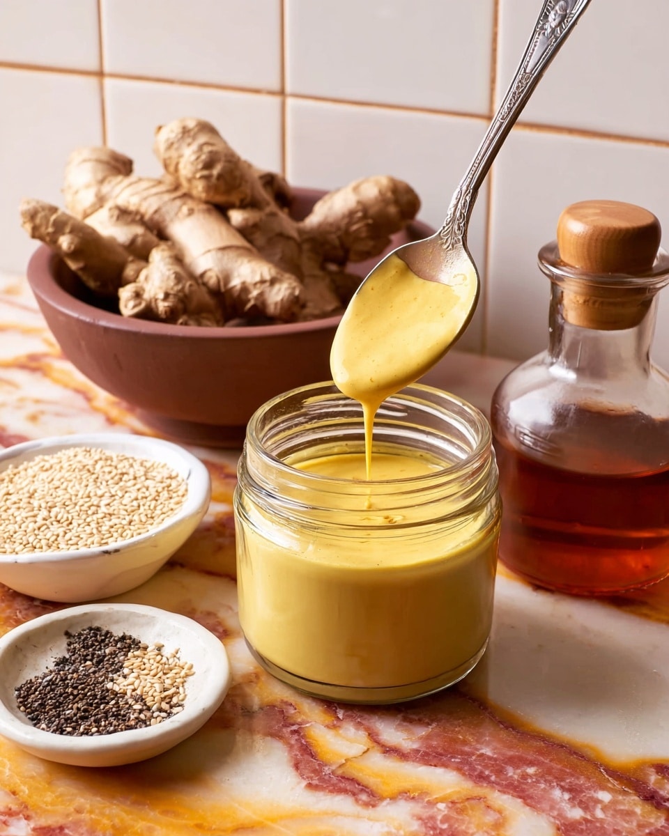 A small clear glass jar filled with smooth, thick yellow sauce filling the jar almost to the top, with a silver spoon lifting some of the sauce, showing its creamy texture dripping back into the jar. Behind the jar is a brown bowl filled with ginger roots showing a rough, knobby light brown surface. To the right of the jar, there is a white glass container with a round wooden stopper filled with a dark amber liquid. In front of it, a small white bowl is filled with pale tan sesame seeds. To the left, there is a small white dish with black pepper and other spices. All items are placed on a white marbled surface with orange and brown streaks, against a background of white tiles. Photo taken with an iphone --ar 4:5 --v 7