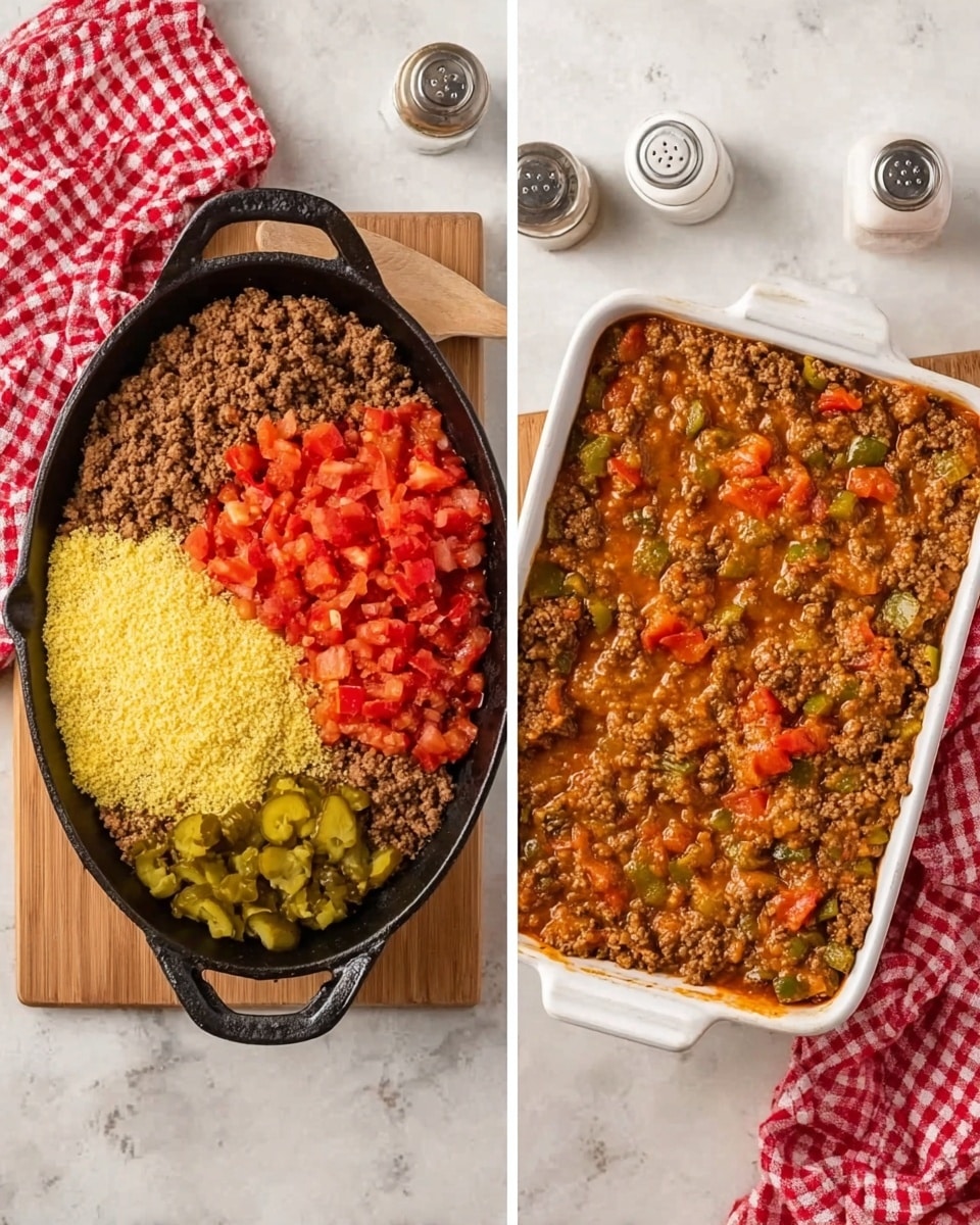 The image shows two side-by-side photos. On the left, a black cast-iron skillet holds four layers of food: dark brown cooked ground meat filling most of the bottom, bright red tomato chunks piled on the right side, yellow plain crumbs stacked on the left side, and chopped green pickles placed near the bottom center. The skillet rests on a white marbled surface next to a red and white checkered cloth. On the right, a white rectangular baking dish is filled evenly with a cooked mixture of brown ground meat, red and green vegetable pieces, and orange sauce covering the top. The dish is placed on the same white marbled surface with the red and white checkered cloth nearby. Small condiments in white containers are seen in the background. photo taken with an iphone --ar 4:5 --v 7