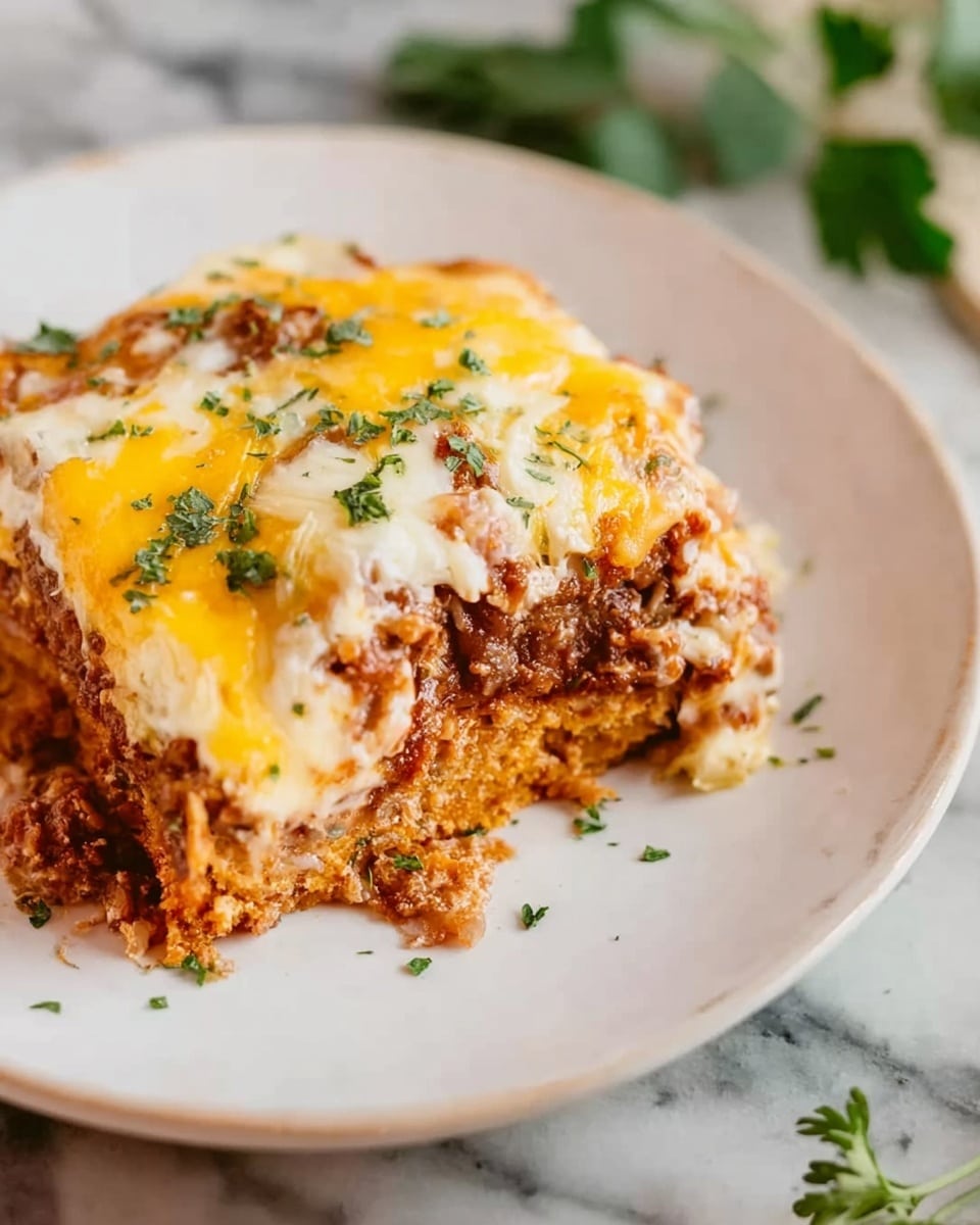 The image shows a close-up of a white plate with a dish made of multiple layers. The bottom layer is crumbly and golden-brown. On top of this, there is a mix of minced meat and sauce with a soft texture and brown color. The dish is covered with melted cheese in two colors: bright yellow and creamy white, spread unevenly with some small green herb pieces sprinkled on top. The plate sits on a white marbled surface, with a small part of a woman's hand and some green leaves visible near the bottom edge. Photo taken with an iphone --ar 4:5 --v 7