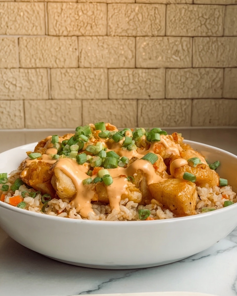 The image shows a white bowl filled with a dish that has three layers. The bottom layer is light brown rice mixed with small pieces of orange carrots. On top of this is a layer of golden-brown fried chicken pieces. The chicken is covered with a creamy, light orange sauce that is drizzled over it, and green chopped scallions are sprinkled on top, adding a fresh look. The bowl sits on a white marbled surface with a textured beige tile background. Photo taken with an iphone --ar 4:5 --v 7