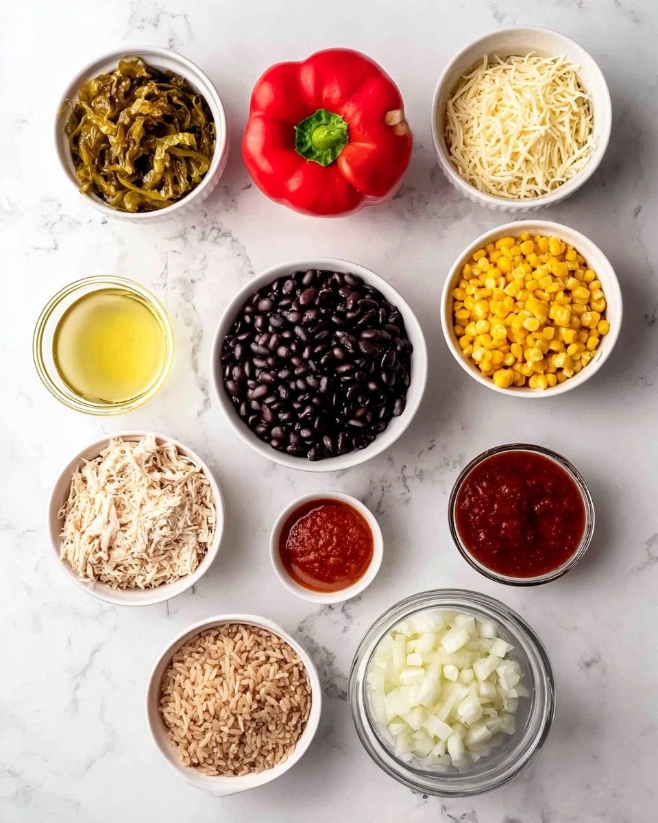 The image shows ten small white bowls arranged on a white marble surface. In the center is a bowl filled with dark black beans with a smooth texture. Around it clockwise from the top: a bowl with chunky, light green roasted green chilies; a bright, whole red bell pepper with a green stem; a bowl of yellow corn kernels with smooth, shiny surfaces; a bowl with shredded white cheese with thin, uneven strips; a clear measuring cup filled with light yellow broth; a bowl filled with shredded, light beige chicken with fine strands; a bowl of brown cooked rice with grainy, dry texture; a small glass bowl holding a thick red tomato paste; a tiny bowl of golden yellow oil with a smooth shine; and a small bowl of finely diced white onions with a slightly translucent look. All bowls have different textures and vibrant colors, standing out on the white marble background. photo taken with an iphone --ar 4:5 --v 7