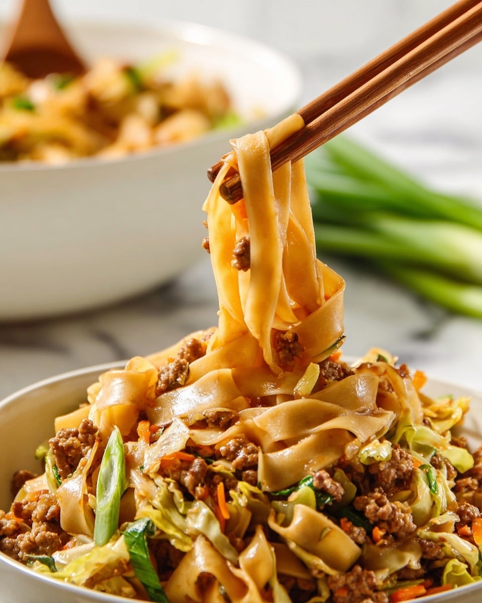 The image shows a close-up of wide, flat noodles cooked to a glossy golden-brown color, mixed with small pieces of browned meat and bits of light green cabbage and shredded orange carrot, all layered together in a white bowl. The noodles are being lifted by a pair of wooden chopsticks held by a woman's hand, showing the shiny texture of the noodles and the mix of ingredients wrapped around them. In the background, there is a blurry view of another white bowl with more of the same noodle dish, resting on a white marbled surface, along with some green scallions lying on the right side. photo taken with an iphone --ar 4:5 --v 7