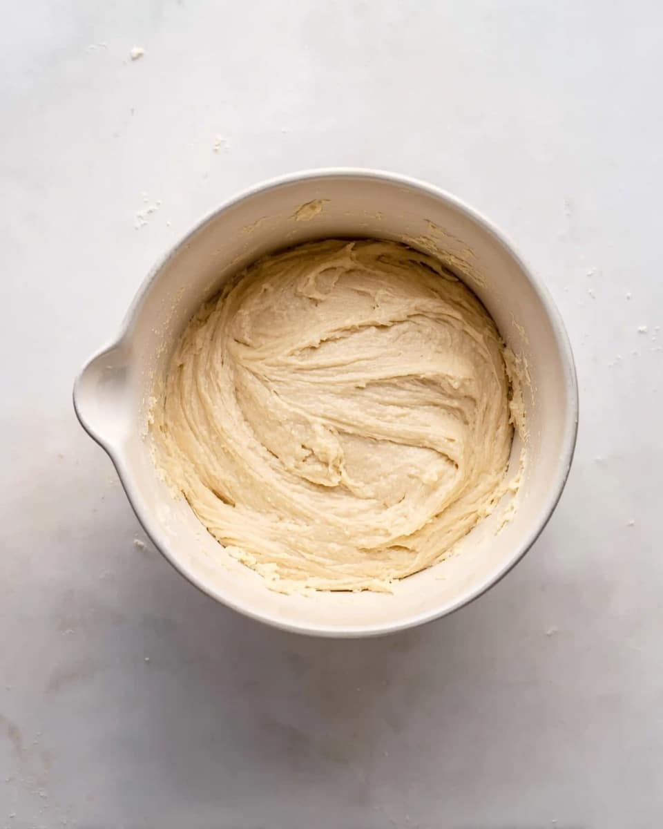 A white ceramic mixing bowl filled with a single layer of light beige dough with a smooth but slightly uneven texture, showing soft swirls and folds on the surface. The dough sits in the bowl resting on a white marbled surface, with a few small flour specks scattered around the bowl. The bowl has a small pouring spout on one side. photo taken with an iphone --ar 4:5 --v 7