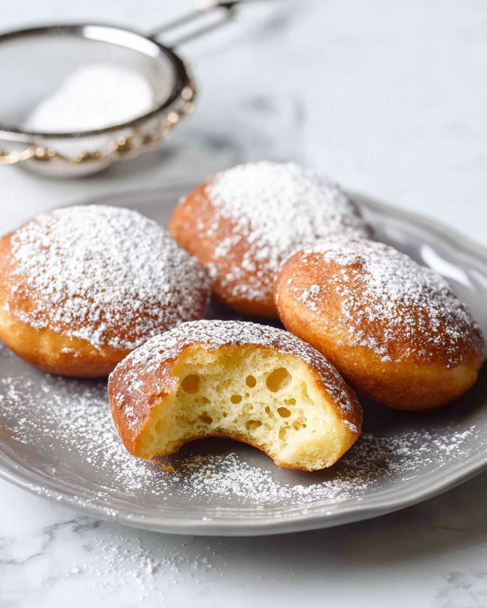 A gray plate holds four round, golden brown fried pastries with a light crispy texture. One pastry in the front has a bite showing a soft, airy inside with small holes. The pastries are dusted with a thin layer of white powdered sugar, scattered lightly on the plate as well. In the background, a silver mesh strainer with some powdered sugar inside sits on a white marbled surface. photo taken with an iphone --ar 4:5 --v 7