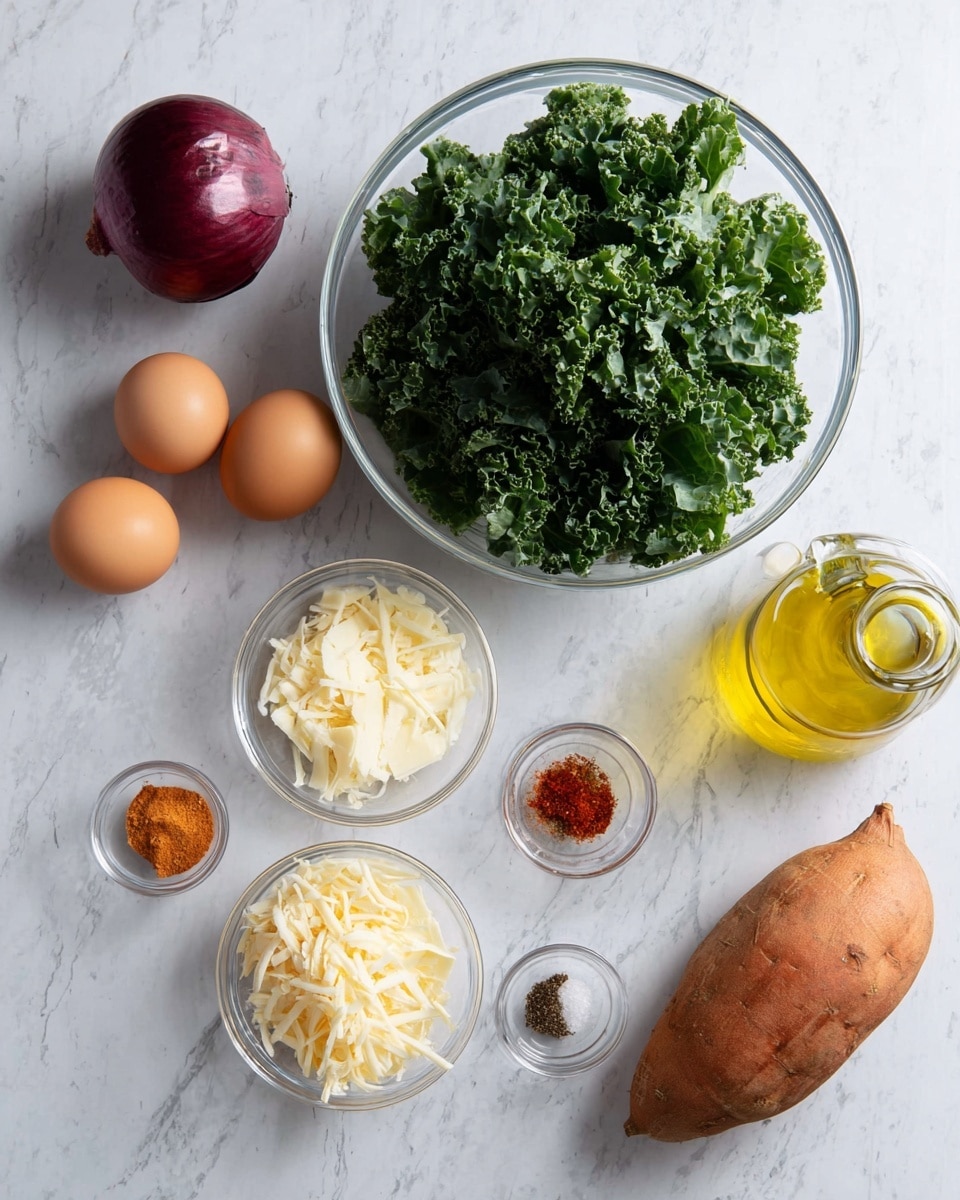 The image shows ingredients arranged on a white marbled surface: in the center, a large clear glass bowl is filled with green kale leaves, around it in separate clear glass bowls are four brown eggs, shredded light yellow cheese, and a small mix of white salt, red chili flakes, brownish garlic powder, and red paprika. To the right, there is a clear glass bottle of yellow olive oil, a whole purple onion, and a large orange sweet potato. All items are laid out neatly and clearly visible. photo taken with an iphone --ar 4:5 --v 7