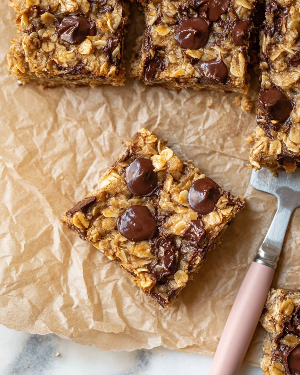 The image shows square oatmeal bars with visible rolled oats and large chocolate drops on top, arranged on crinkled brown parchment paper. Each bar has one layer, a golden brown base filled with oats and chocolate pieces, creating a rough textured surface with some melted chocolate details. To the right, there is a metal spreading knife with a pink handle resting on the parchment, and a white marbled surface beneath. photo taken with an iphone --ar 4:5 --v 7