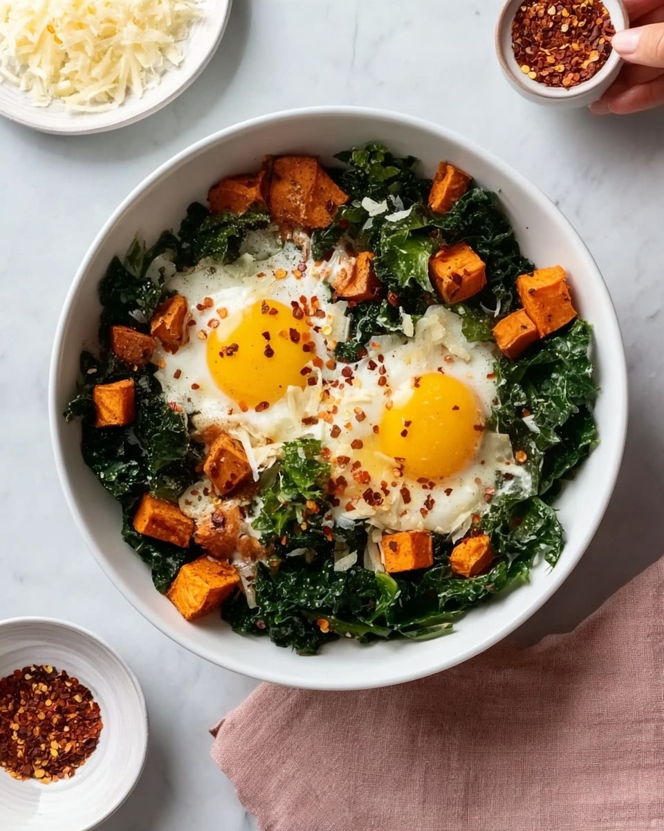 A white bowl filled with a bed of dark green kale leaves at the bottom. On top of the kale, there are two sunny-side-up eggs with bright yellow yolks and white edges, each sprinkled lightly with red chili flakes. Scattered around and between the eggs are orange cubes of roasted sweet potatoes, adding a soft texture and warm color contrast. The bowl is placed on a white marbled surface with a light pink cloth to the right side, and nearby, there is a small bowl containing a red seasoning mix and a white plate with shredded cheese. A woman's hand is visible holding the seasoning bowl above the main bowl. Photo taken with an iphone --ar 4:5 --v 7