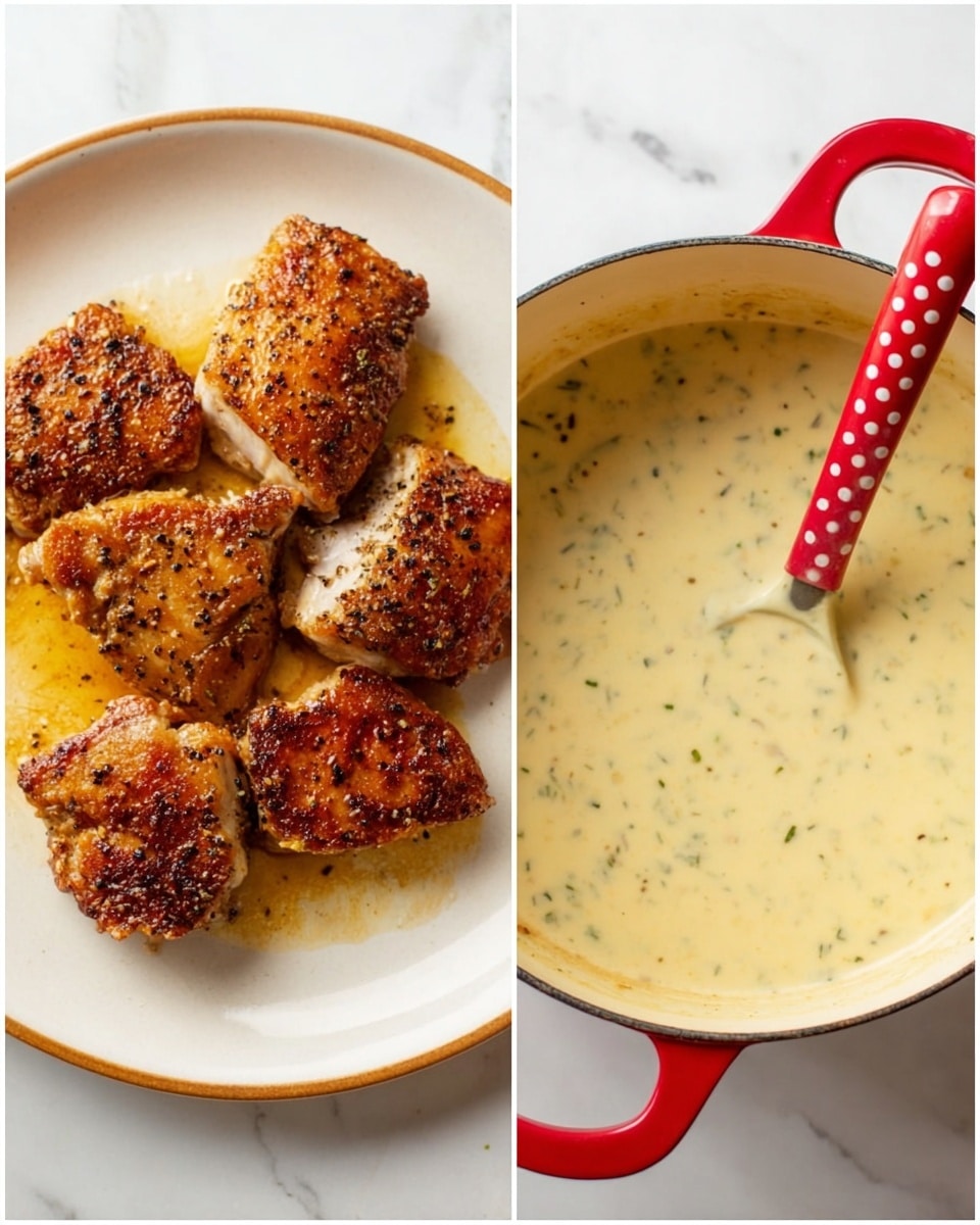 The image shows two parts: on the left, there is a round white plate with four golden brown cooked pieces of meat, each piece has a slightly crispy and seasoned skin with visible black pepper and herbs. The pieces are placed close to each other with some oil shininess on the plate. On the right, there is a white pot filled with a creamy pale yellow sauce with small green herb bits mixed inside. A red spatula with white polka dots is resting in the sauce, showing its smooth and thick texture. Both items are placed on a flat white marbled surface. photo taken with an iphone --ar 4:5 --v 7