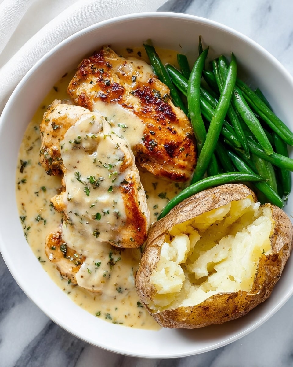 A white bowl contains three main layers of food: bright green cooked green beans placed at the top right, two golden-brown grilled chicken pieces covered with a creamy light beige sauce with specks of herbs at the bottom left, and a baked potato on the right side with its golden-brown skin split open to reveal soft white potato inside covered with the same creamy sauce. The bowl is set on a white marbled surface. Photo taken with an iphone --ar 4:5 --v 7