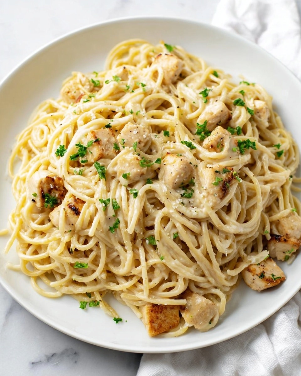 A white plate filled with a single layer of spaghetti noodles coated in creamy, light beige sauce, mixed evenly with golden-brown pieces of chicken scattered throughout. Small green parsley bits are sprinkled on top, adding a fresh contrast to the soft texture of the noodles and chicken. The surface beneath the plate is a white marbled texture, and a soft white cloth is partially visible in the background. photo taken with an iphone --ar 4:5 --v 7