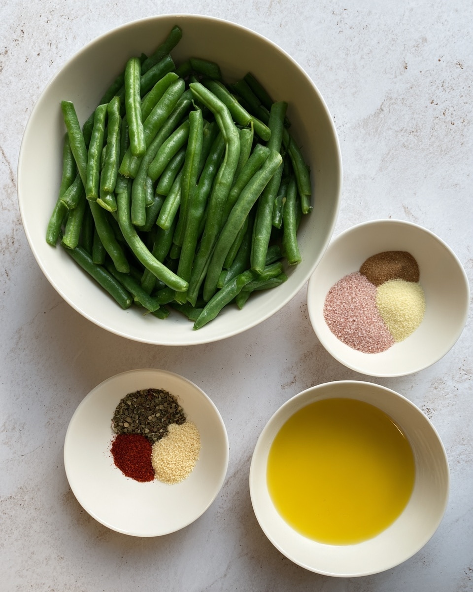 The image shows three white bowls placed on a white marbled surface. The largest bowl on the left is filled with bright green cut green beans that look fresh and crisp. The top right bowl contains five different spices arranged in distinct sections: pink salt, black pepper, light beige garlic powder, reddish paprika, and a pale yellow seasoning. The bottom right bowl holds a small amount of golden yellow oil with a smooth and shiny texture. The setup is simple and clean, focusing clearly on the fresh ingredients. photo taken with an iphone --ar 4:5 --v 7