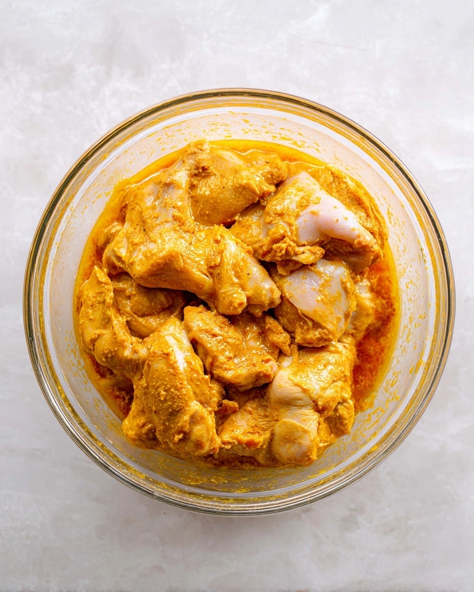 A clear glass bowl sits on a white marbled surface, filled with pieces of raw chicken coated in a thick orange-yellow marinade. The chicken pieces are layered unevenly, with some parts showing the creamy texture of the marinade and others revealing the smooth, pale chicken skin beneath. There is a slight sheen from the oil in the marinade pooling at the bottom and coating the sides of the bowl. The overall look is vibrant and rich, with the mixture appearing dense and well-coated, ready for cooking. photo taken with an iphone --ar 4:5 --v 7
