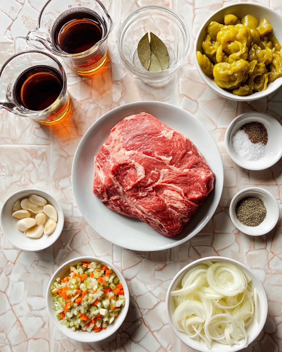 A white plate in the center holds a thick, raw cut of red beef with light fat marbling. Around it, white bowls contain various ingredients: yellow-green whole peppers in the upper right, pale sliced onions in the lower right, and mixed chopped vegetables with green and orange pieces in the lower left. Smaller white bowls hold peeled garlic cloves in the lower left, a bay leaf on a small plate to the right, and two types of seasoning white salt and black pepper, and a blend of green and red herbs toward the top center. Transparent measuring cups with dark brown liquid and clear water sit on the left and right sides of the frame. The items are arranged on a white marbled surface with a tile pattern. Photo taken with an iphone --ar 4:5 --v 7