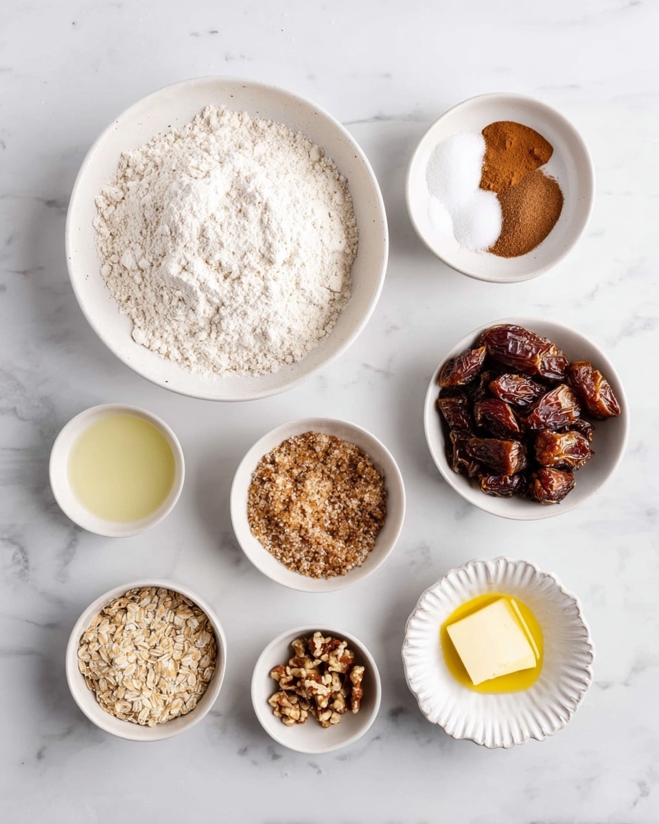 The image shows eight small white bowls arranged on a white marbled surface. The largest bowl, placed on the left, is filled with fine white flour. Near it, a small white bowl holds a light yellow liquid. Above that, a shallow white bowl contains a mix of white powder, cinnamon, and another white powder. To the right is a medium white bowl full of chopped dark brown dates. Next to it, a tall white bowl is filled with light brown soft sugar. Below, two small white bowls hold rolled oats and chopped nuts. Finally, at the bottom right, a small ruffled white bowl shows melted yellow butter. photo taken with an iphone --ar 4:5 --v 7